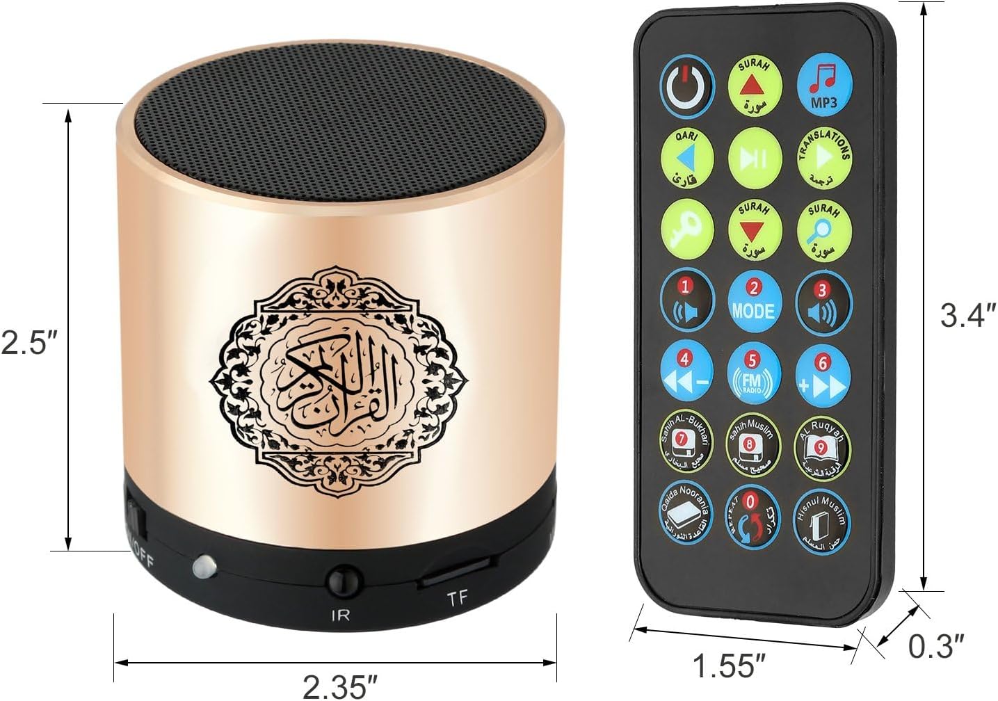 Portable Digital Quran Speaker,Bluetooth Speaker,with Remote Control,MP3 Player,USB Rechargeable,8GB Storage,18 Reciters,15 Translations,Arabic,English,French,Urdu & More (Gold)