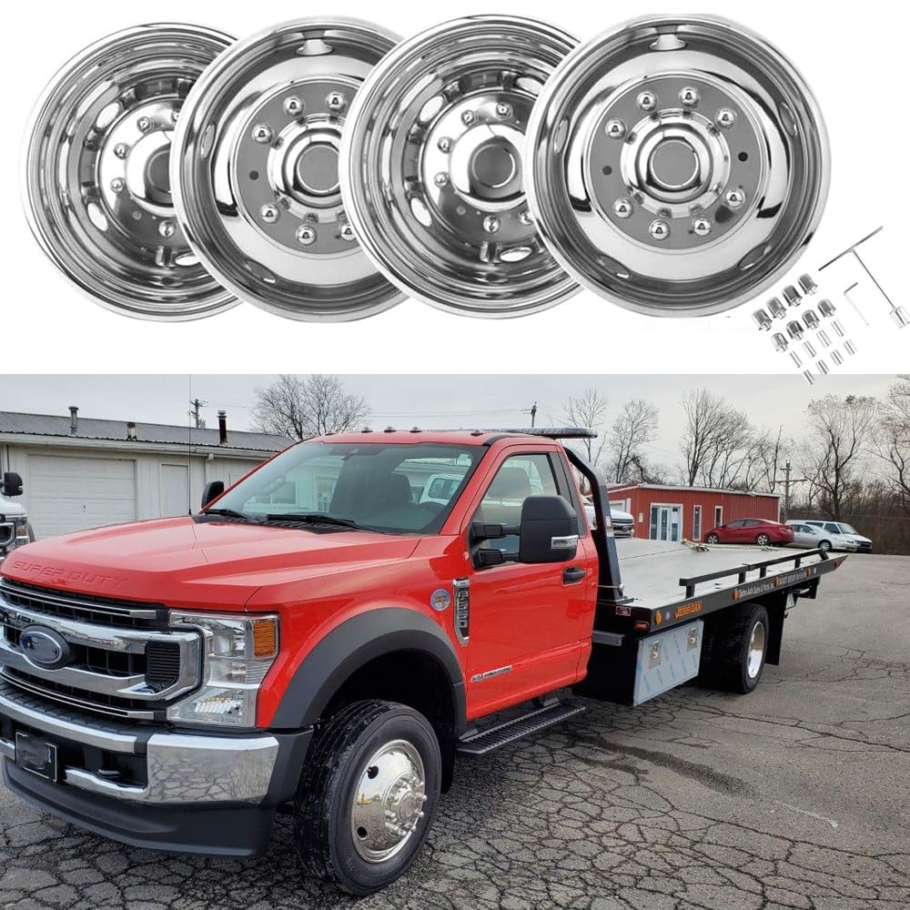 4pcs 19.5" 10 Lug Hubcaps Polished Stainless Steel Dually Wheel Simulators, Nice Looking and Durable Bolt On Wheel Cover, with Full Kit Tools Compatible with 2005-2025 Ford F-450 F-550