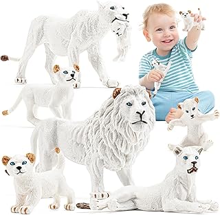 7PCS White Lion Figurines with Lion Cubs, Jungle Animals Figures Realistic Family Set Includes Baby Lions, Educational Toy Cake Toppers Christmas Birthday for Kids Boys Girls 3 4 5 6+ Years Old