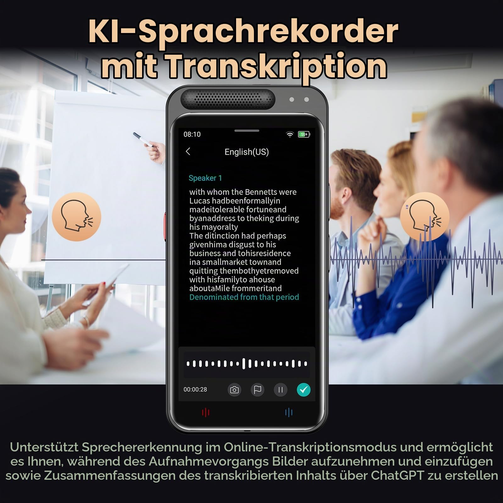 Digitales Diktiergerät Aufnahmegerät mit KI Schreibfunktion und Zusammenfassen,Übersetzung Online Offline Arbeit von 134 Sprachen,80GB Aufnahmegerät AI Voice Recorder für Vorlesungen,Meetings