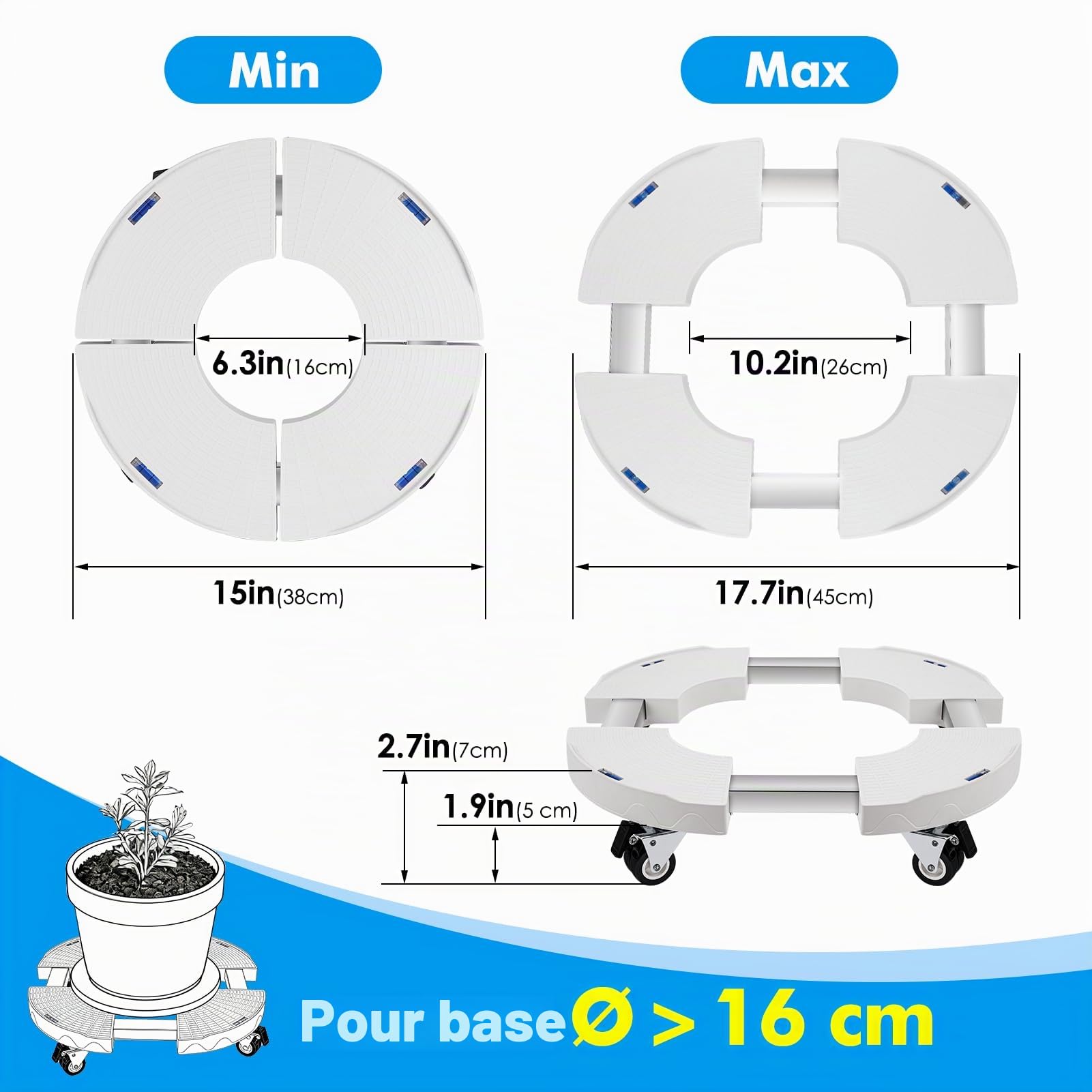 DEWEL Porte Plante a roulettes Réglable 30-50 cm, Support Plantes Interieur et Extérieur, Supports de Pots de Fleurs Charge 200kg, Support de Plante Mobile avec Roues Pivotantes,Blanc