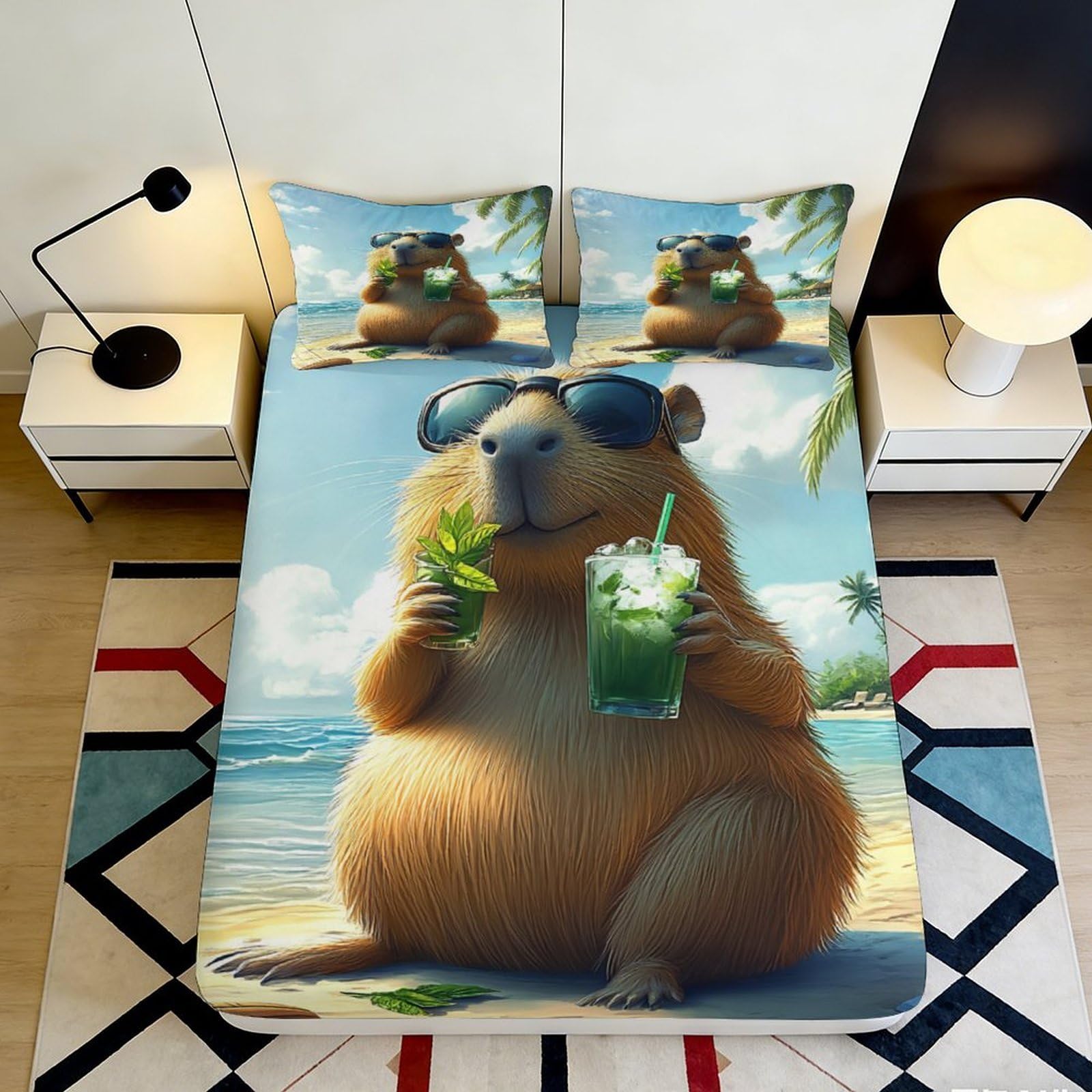 3D Printed Capybara Beach Fitted Sheet Microfiber Soft Breathable Mojito Mattress Cover for Bedroom Dorm Decor 120x200x25cm
