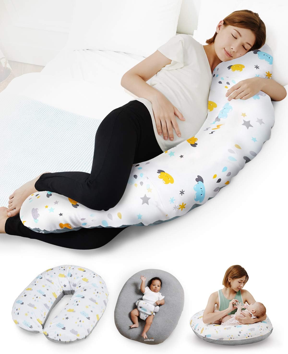 UniloveHopo 7-in-1 Pregnancy & Nursing Pillow, U Shape Body Pillow & Baby Pillow with Breathable Cover, Perfect for Support Resting & Breastfeeding, Bamboo Gray