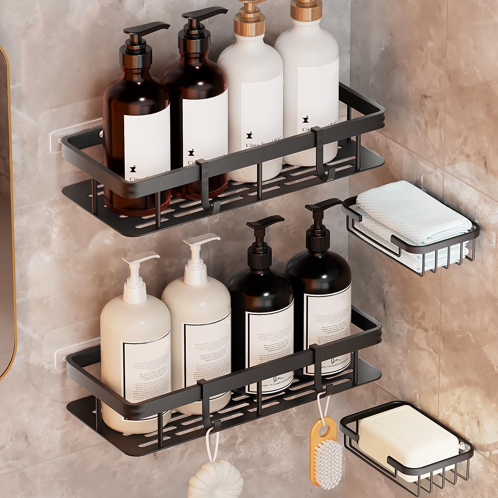 HOMOTEK Adhesives Shower Caddy Set with Soap Caddy Holders Wall Rack Aluminum Shower Rack for Kitchen Rv Black