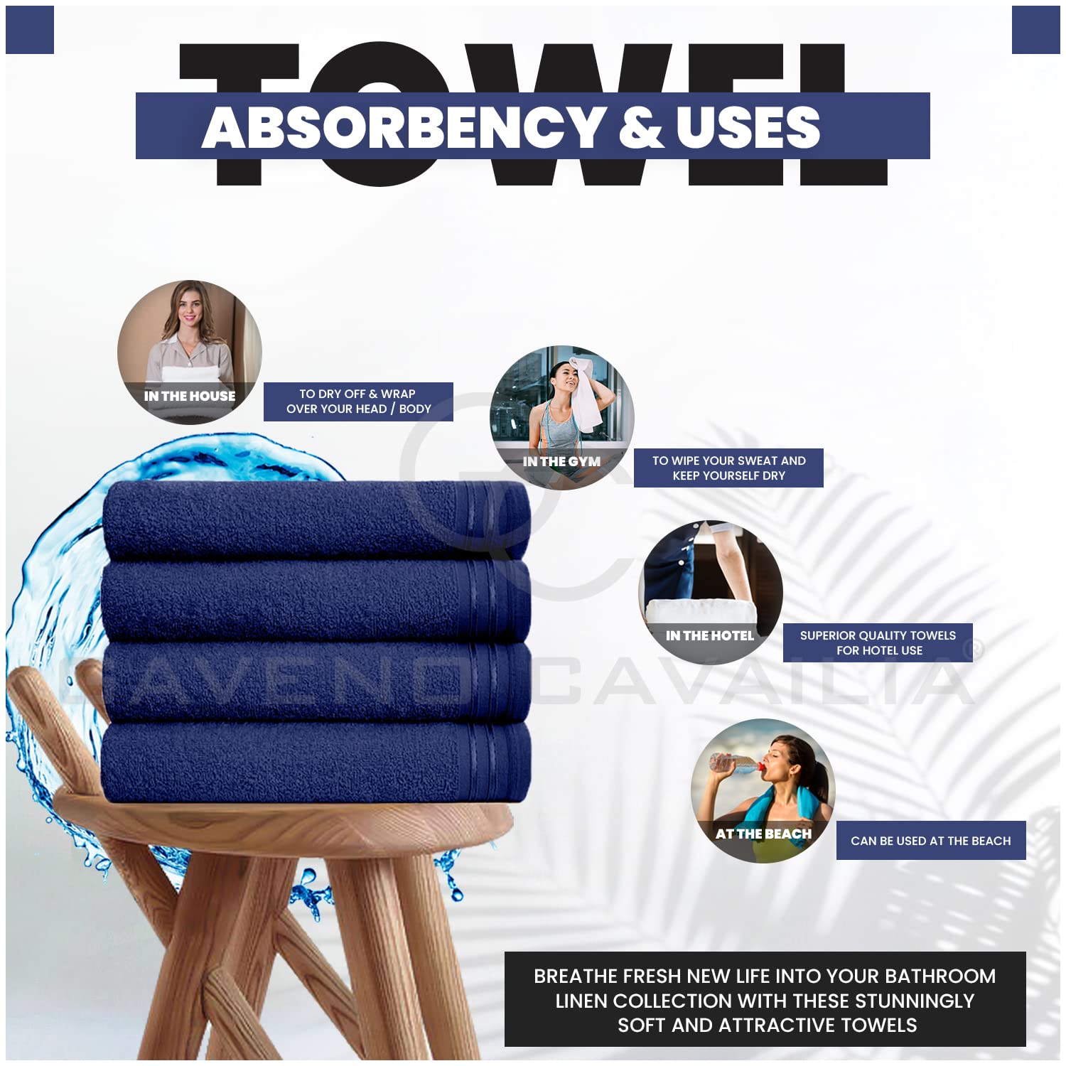 GC GAVENO CAVAILIA Lot de 4 Grandes Serviettes de Bain en Coton égyptien très absorbantes - Bleu Marine - Séchage Rapide - 450 g/m² - Lavables - 75 x 135 cm