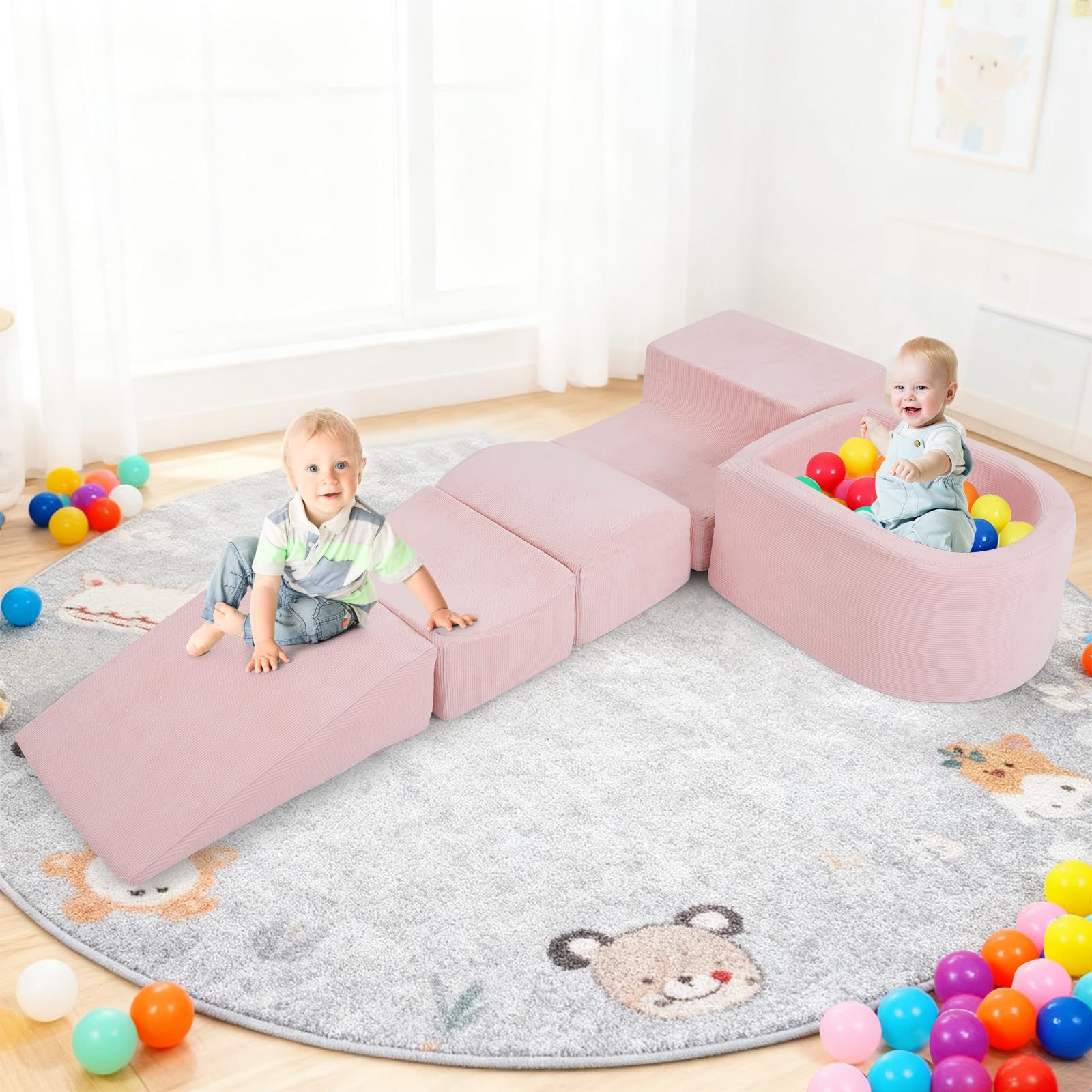 FANTASK 5-teilige Schaumstoffbausteine XXL, Riesen Kletterblöcke mit Bällebad, Großbausteine zum Toben & Klettern, Soft Spielbausteine für Zuhause, Kinderzimmer & Spielzimmer (Rosa, Cordstoff)