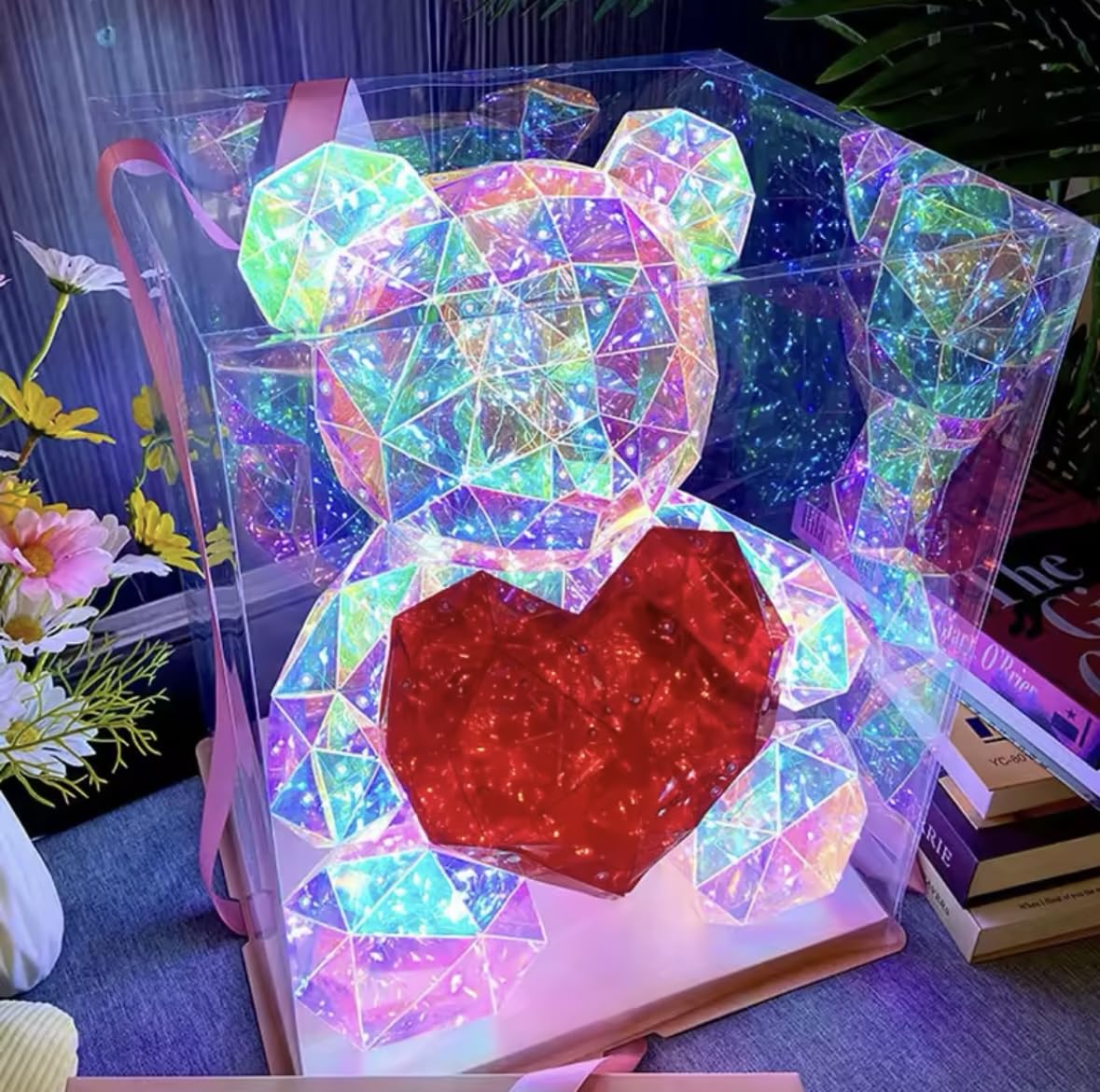 Beautiful Teddy Bear Doll Gift Lamp Colorful Sparkling Romantic Surprise LED Gift Light Girls Birthday Valentine's Day Bedroom Decor Gift idea for him for her (Red Heart)