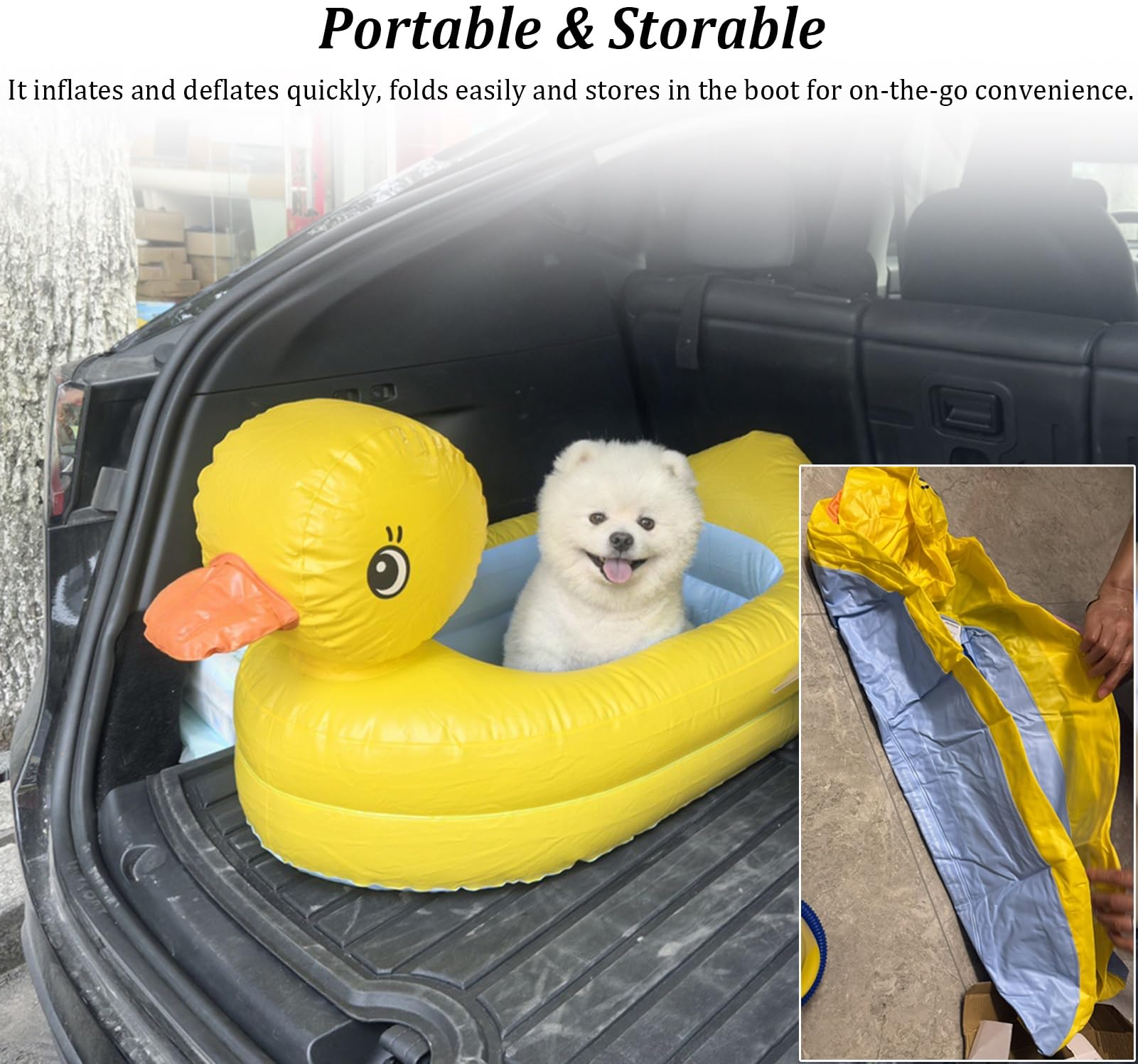 Rampa Piscina para Perros Cama Flotante Amarilla para Perros con Bomba, Exterior Bote Inflable para Perros Pequeños para Piscina Lago o Río, Plataforma Flotante Portátil para Cachorros