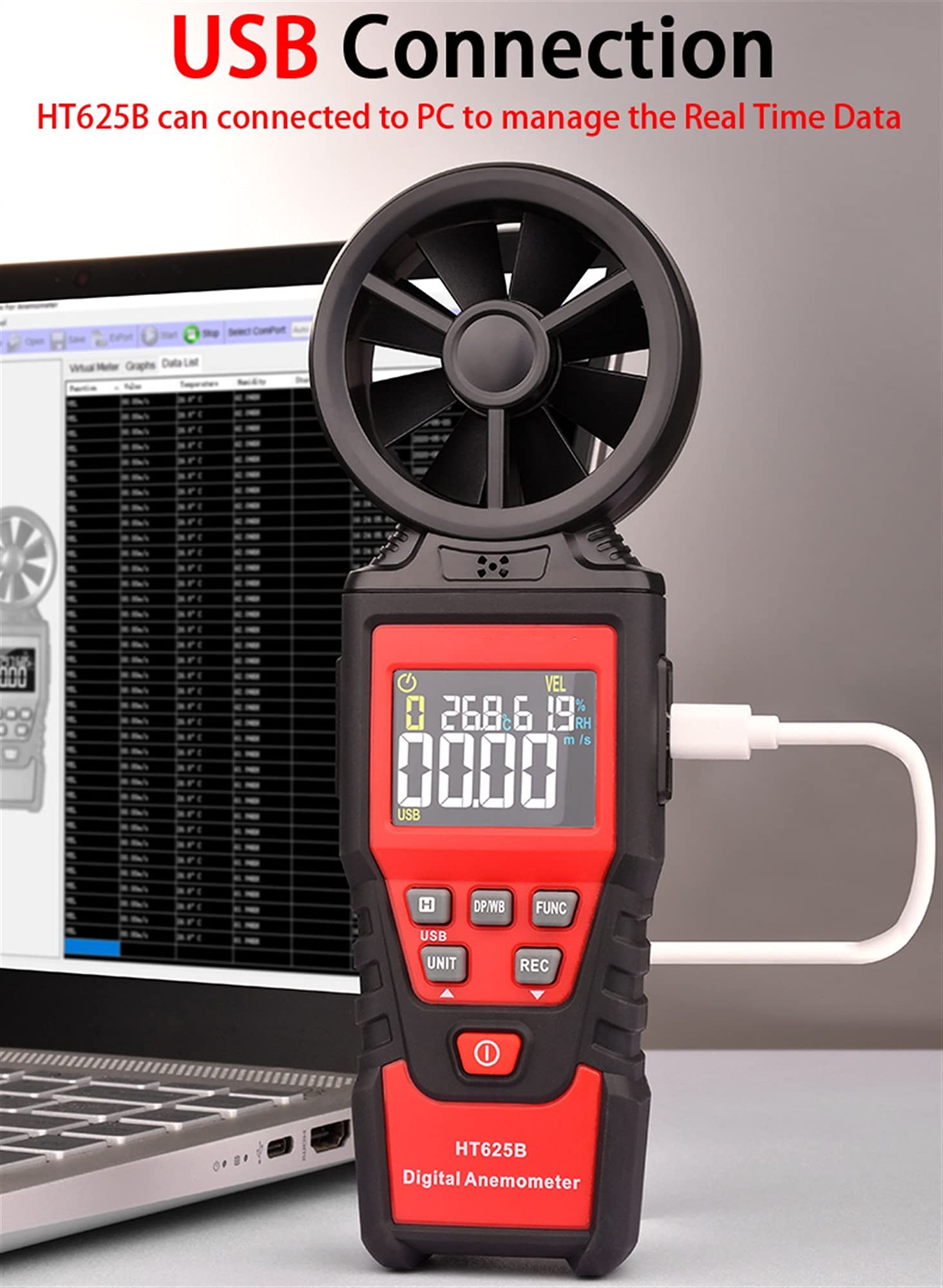 HTI625B HTI625B Anemómetro RÁPIDO ANEMÓMETRO DIGITAL ANEMÓMETRO LED Anemómetro Sensor Anemómetro Velocidad de medición Dispositivo con retroiluminación (Color : HT625B WITH USB)