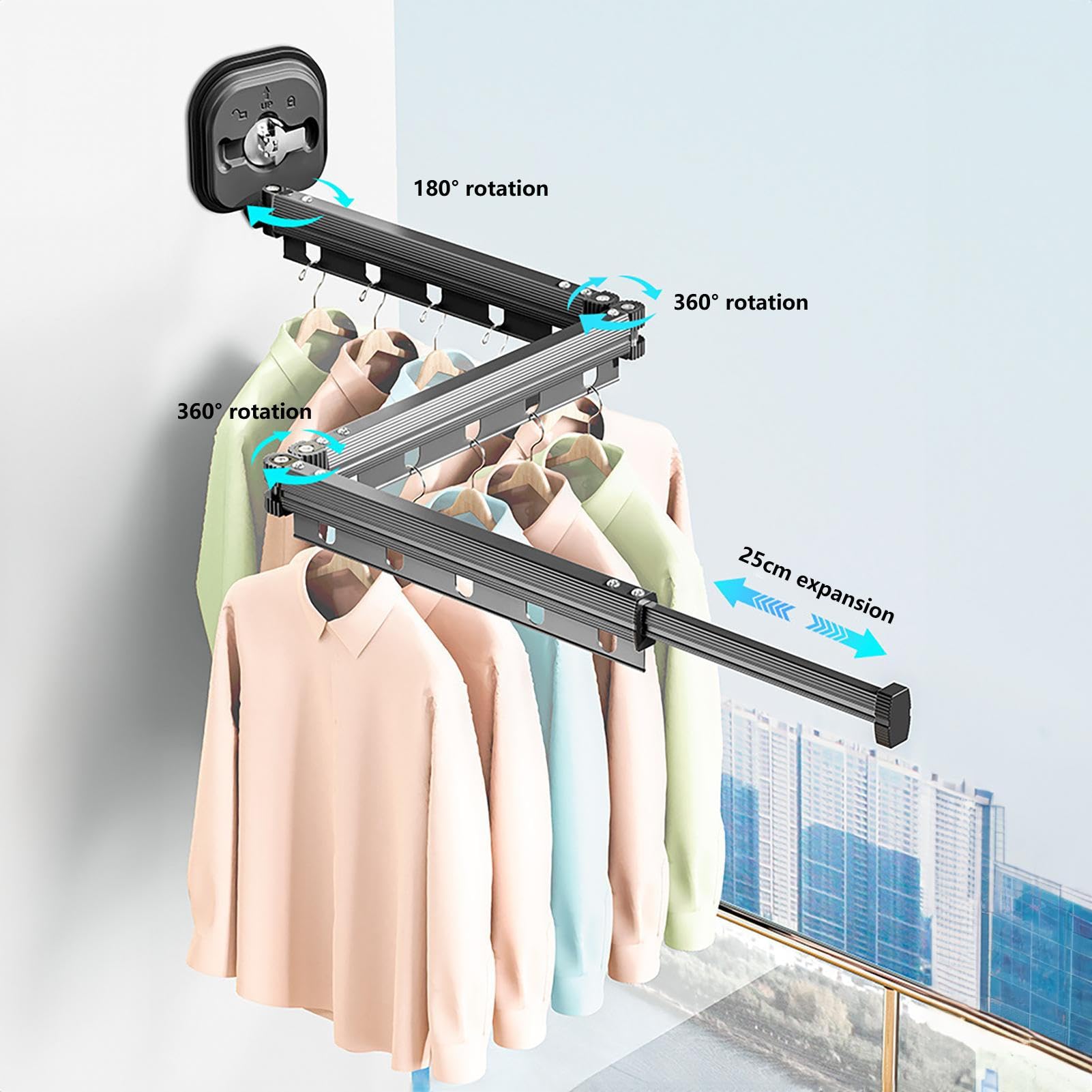Cintre Mural Pliable 5 Trous - Séchoir à Linge Sans Perçage, Support Vêtements - Pour Placard, Chambre, Voyage - Polypropylène