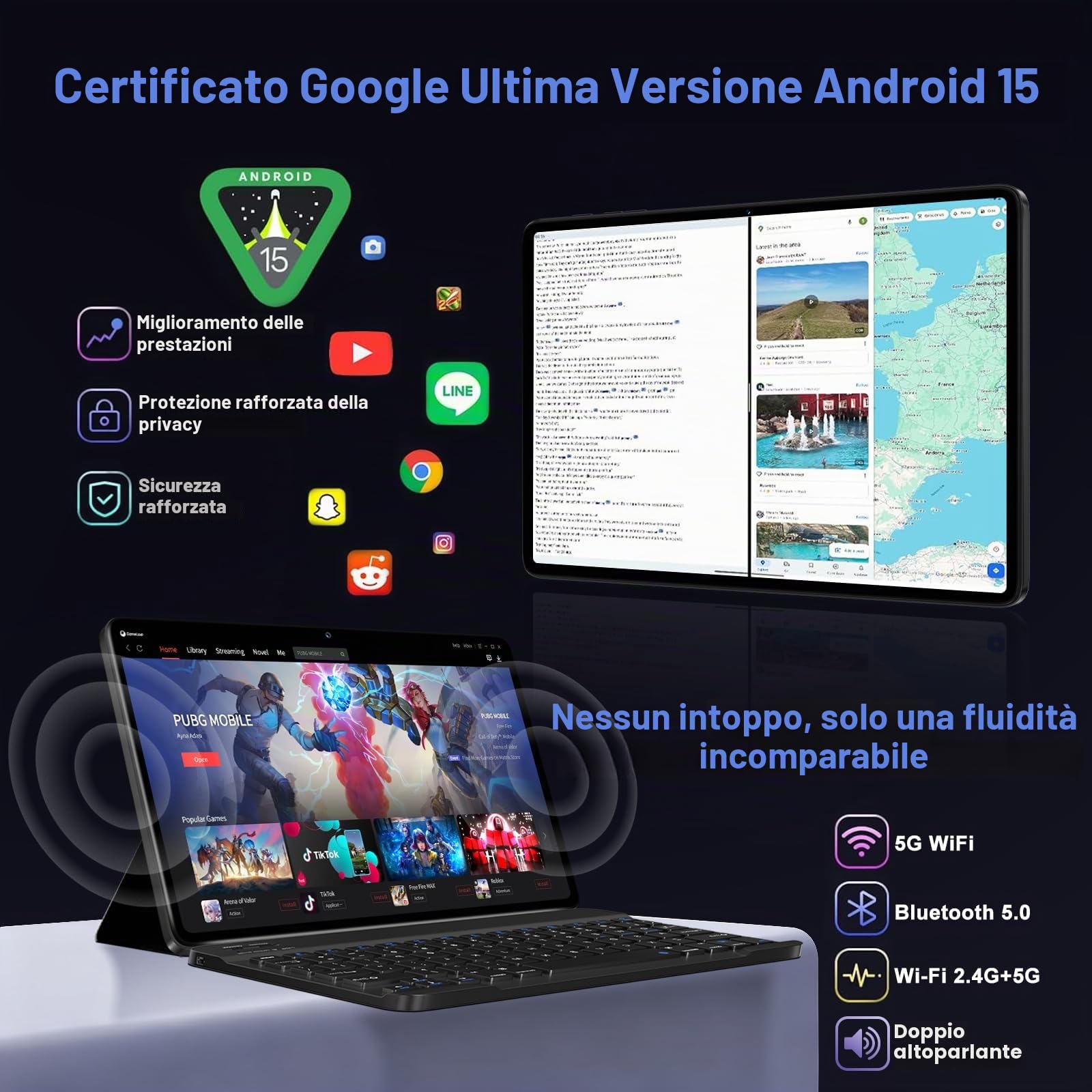 Android 15 Tablet 10 Pollici Con Octa-Core 2.0GHz, 30GB RAM 128GB ROM(TF 2TB Espandibile), Gemini AI tablet, 8000mAh, Widevine L1/ WIFI 5G/ GPS/Face ID/BT5.0/ Face ID,Tablets con Tastiera e Mouse-Nero