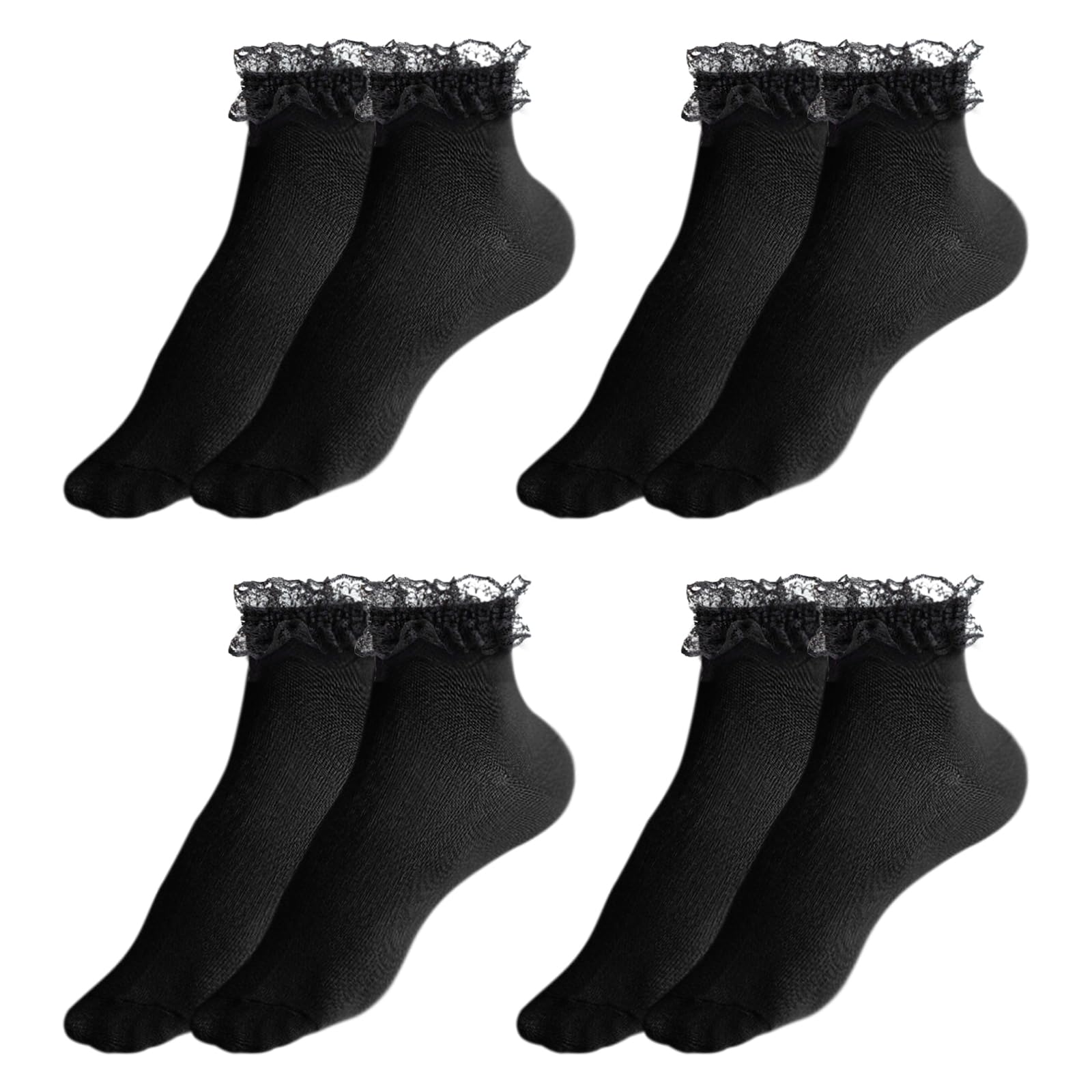 Uilyniu Women's Black 4 Pairs Ankle Socks Lace Socks Ruffle Socks Frilly Socks Ankle Socks Adult Knitted Socks Delicate Lace Ankle Socks Cotton Socks Ballet Socks For Girls (Black)