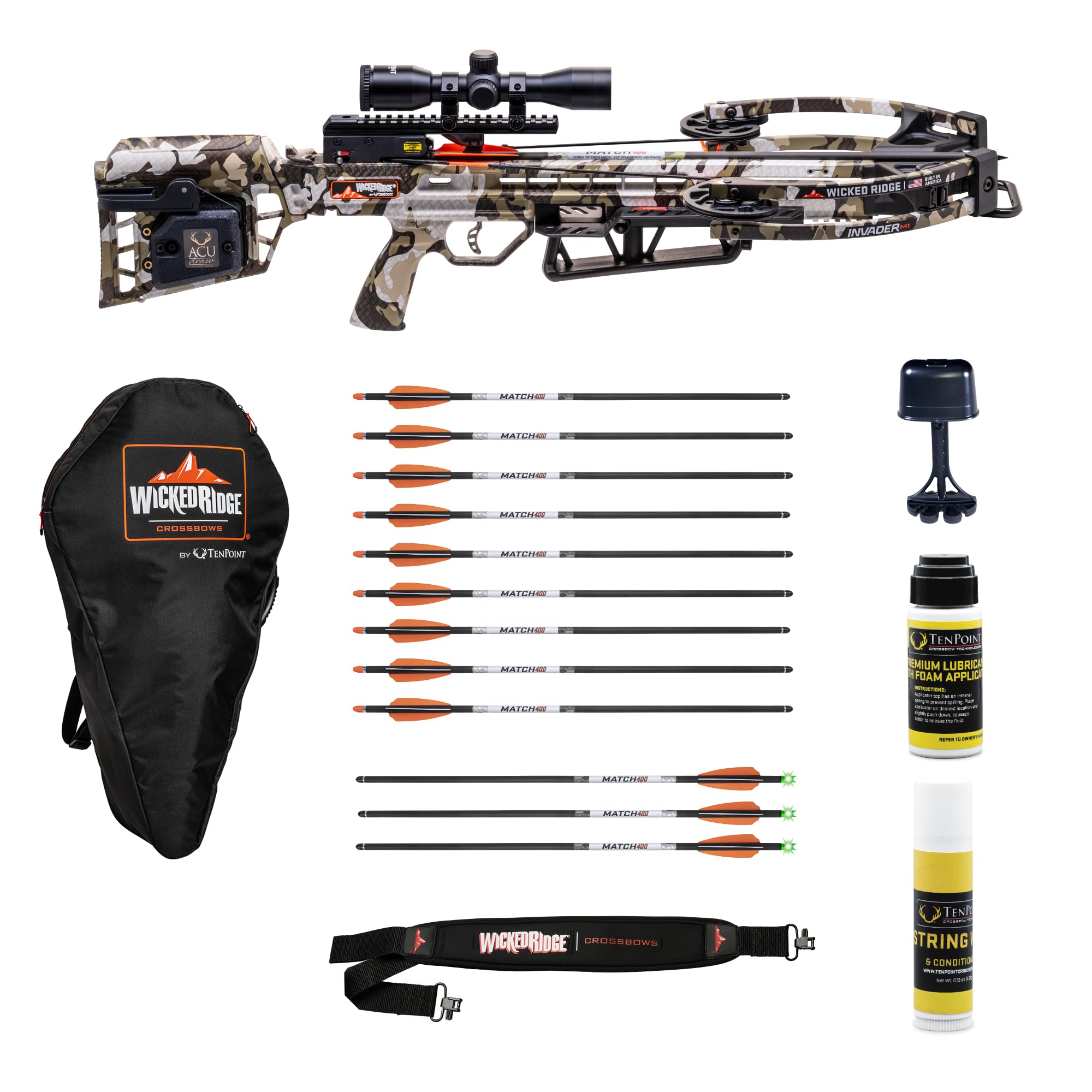 Wicked Ridge by TenPoint Invader M1 Ready-to-Hunt Package - Includes 9 Match 400 Non-Lighted + 3 Match 400 Lighted Arrows, Soft Case, Neoprene Sling, Premium Lubricant & String Wax & Conditioner