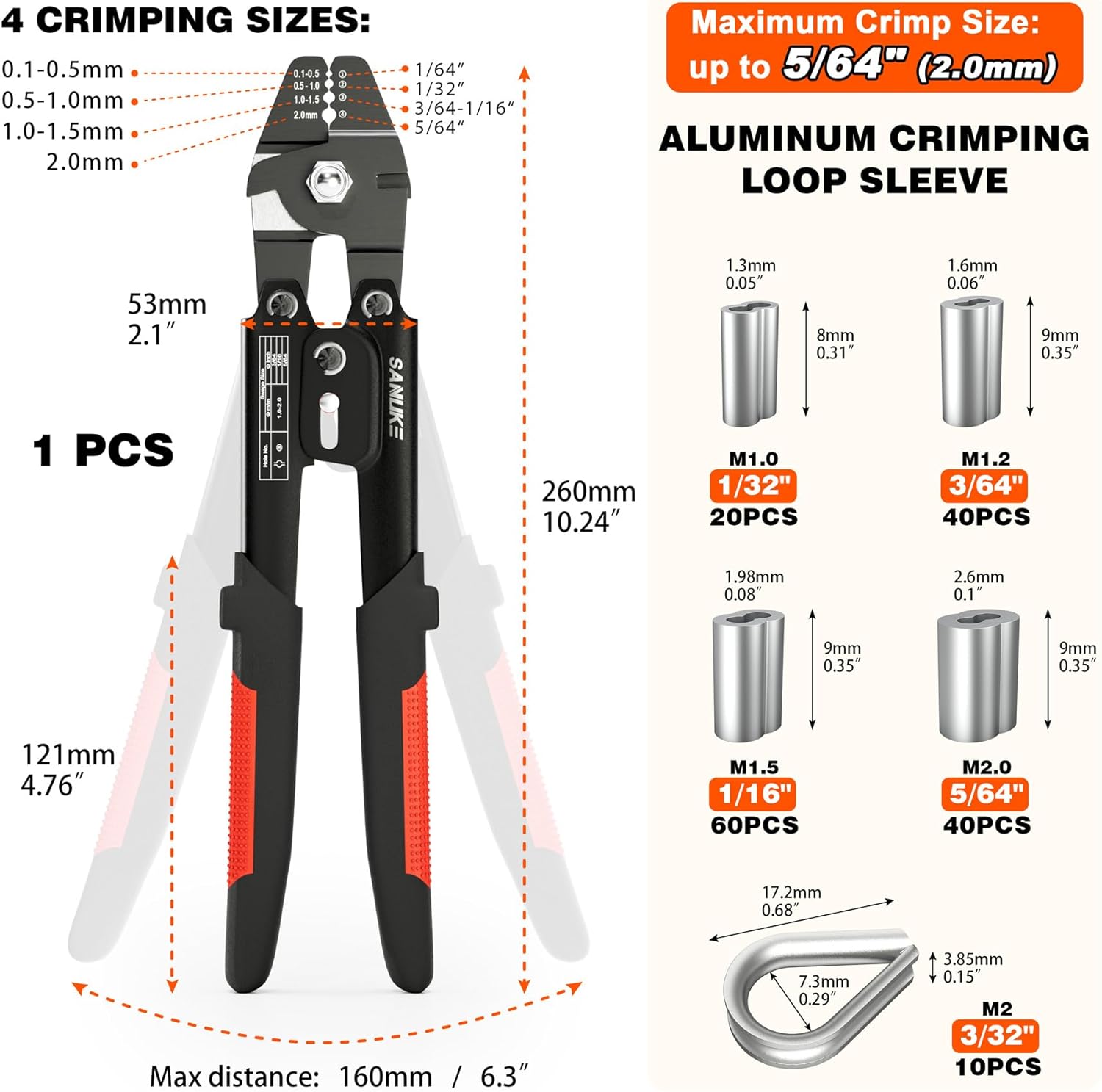 Sanuke Wire Rope Crimping Tool for 3/64 1/16 5/64 inch Aluminum Crimping Loop Sleeves Kit with 160pcs Aluminum Crimping Loop Sleeve and 10pcs Stainless Steel Thimble
