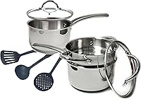 Vista 1 de Stainless Steel Saucepan Glass Lid Casting Steel handle Induction Impact Bonded 8 PCS Set Steamer