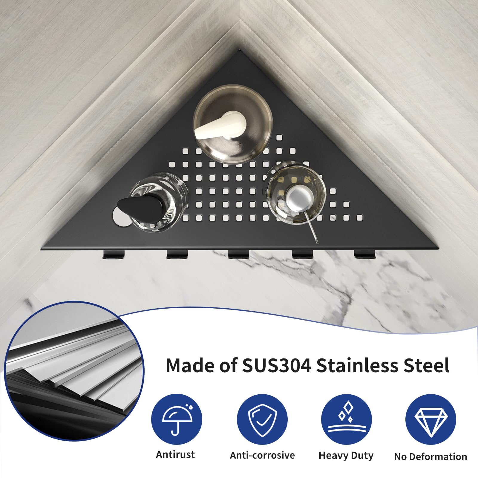 Etagere Doccia Angolare Set di 2 mensole doccia in acciaio inox 304, angolo bagno con ganci, 254 mm, per pareti piastrellate, nero