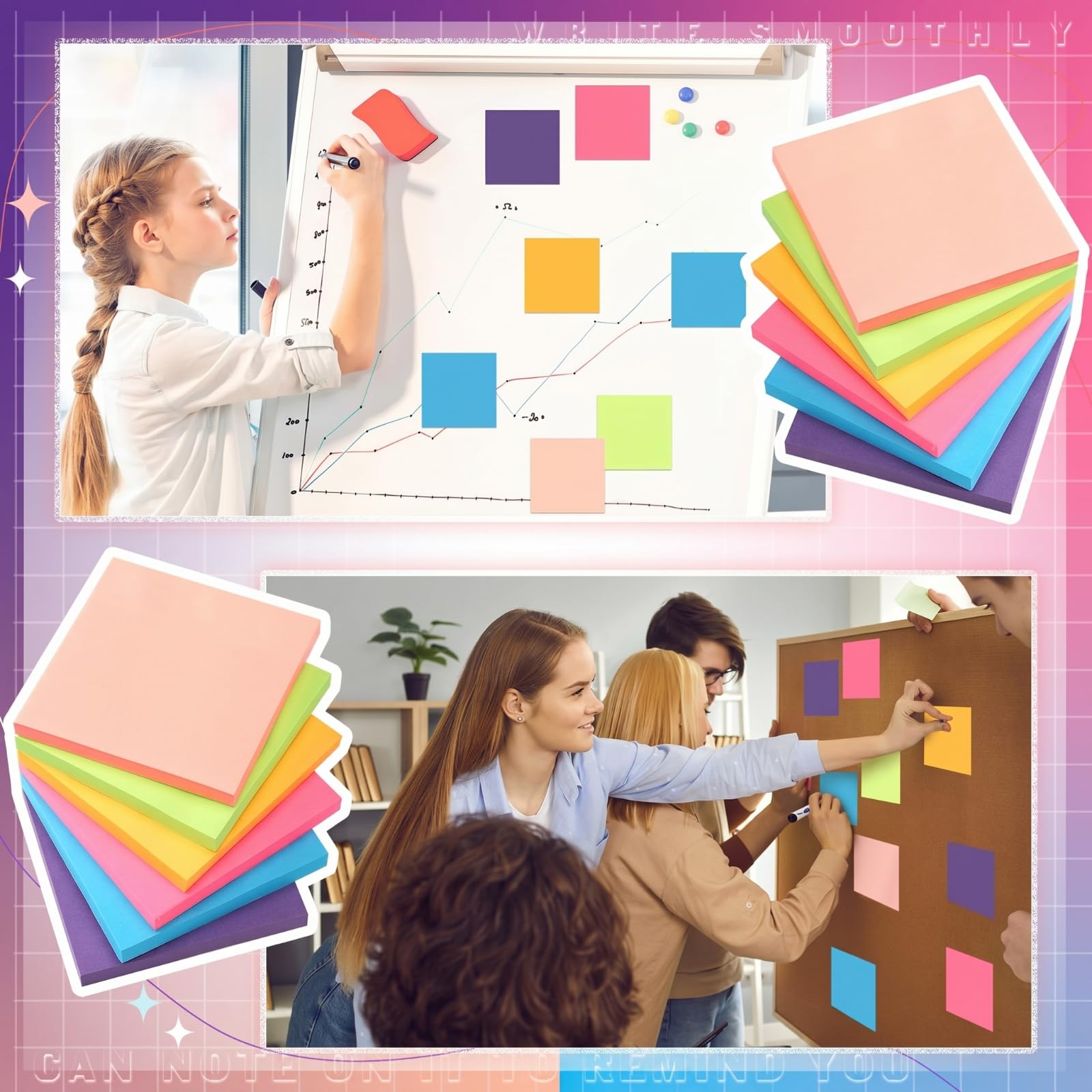 Kajaia 24 blocchetti di foglietti adesivi colorati, facili da inviare, per ufficio, casa, scuola, riunioni, 6 colori pastello, 80 fogli/blocco (7,6 x 7,6 cm)