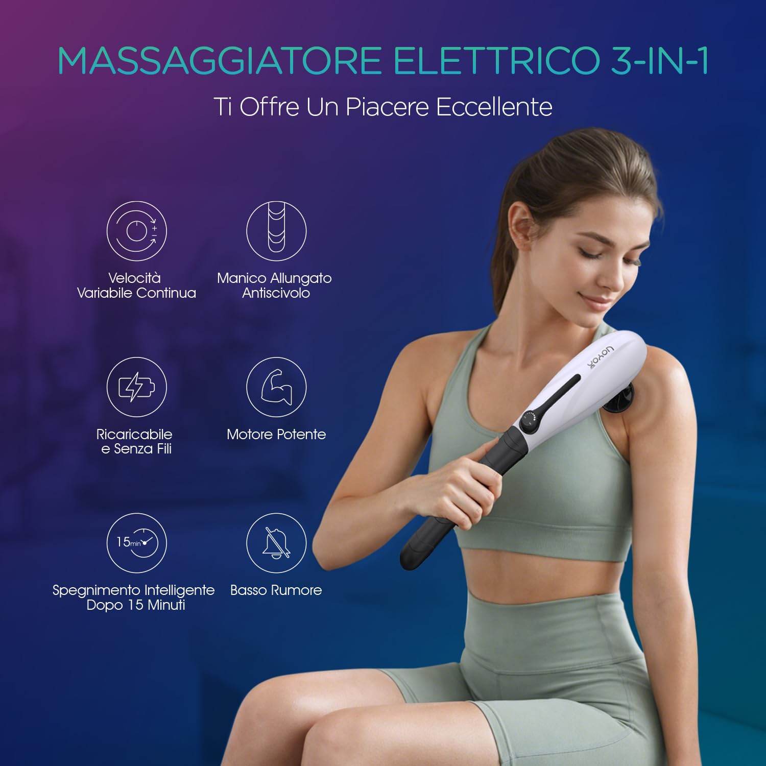 VOYOR-HEALTH Massaggiatore Schiena Elettrico Palmare per Collo e Spalle | Massaggio a Percussione Elettronico Senza Fili con 3 Teste di Massaggio, Ideale per Schiena, Gambe e Piedi, MH560