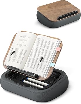 Viozon Lap Book Pillow Stand with Storage, Adjustable Beanbag Reading Pillow with Dark Wood Panel, Multi-Angle Book Holder for Hands-Free Reading in Bed or Sofa,Book Lover Essential, Soft Cushion