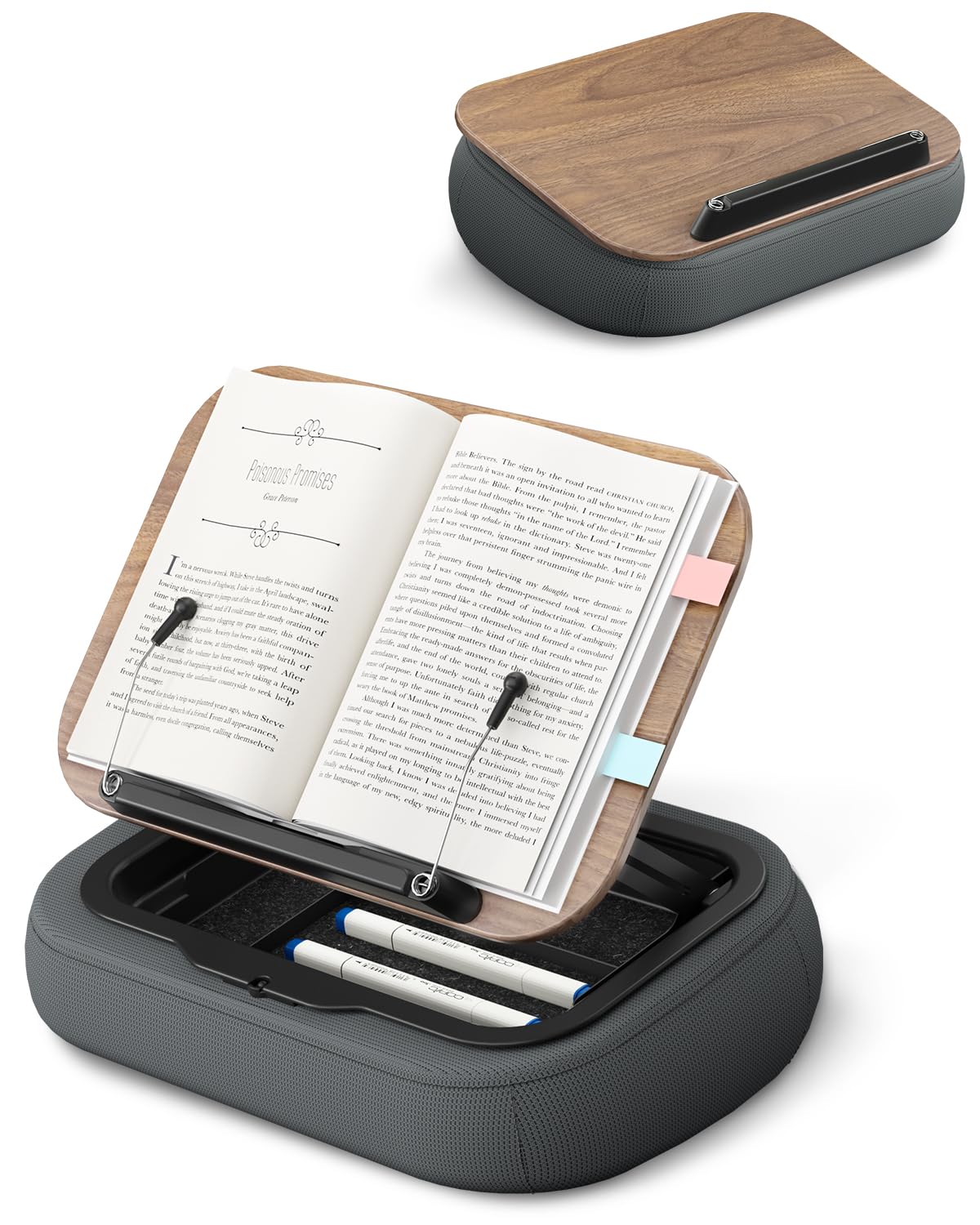 Viozon Lap Book Pillow Stand with Storage, Adjustable Beanbag Reading Pillow with Dark Wood Panel, Multi-Angle Book Holder for Hands-Free Reading in Bed or Sofa,Book Lover Essential, Soft Cushion