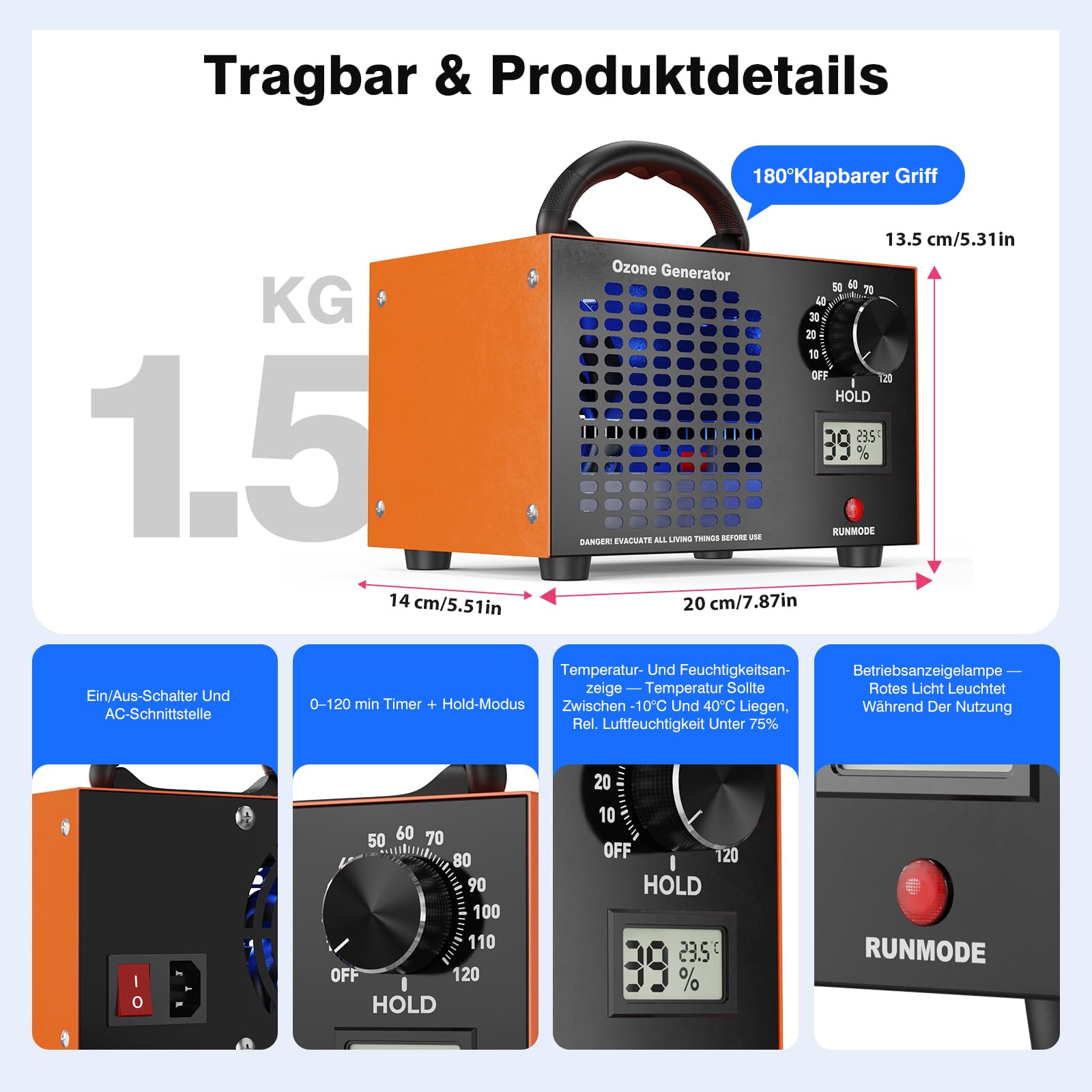 Ozongenerator 120000mg/h Ozongerät - 2-In-1 Ozon Luftreiniger,120-Minuten-Timer,Mit Temperatur- und Feuchtigkeitsanzeige,Ozonisator Industrieller O3 für Auto Wohnung Hotels Küche und Haustiergerüche
