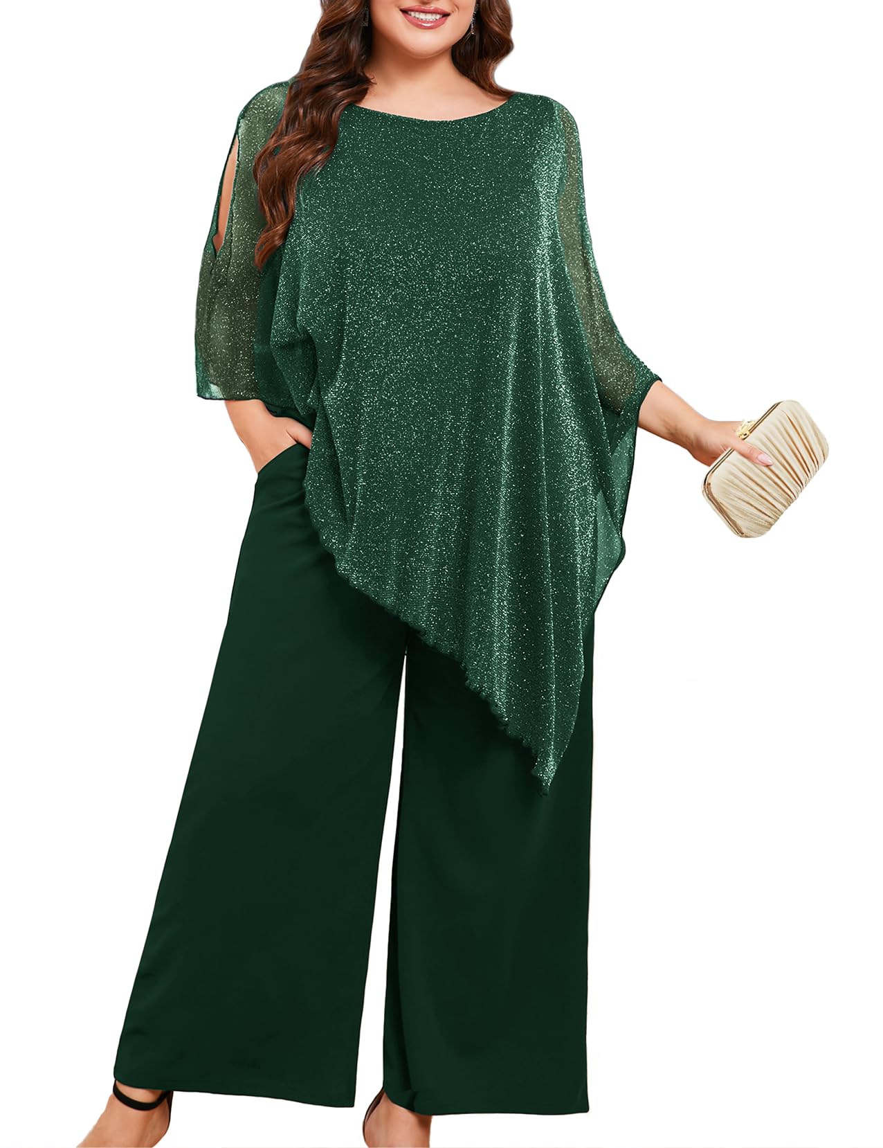 ZOMVA Plus Size Mother of the Bride Pant Suits Dressy 2 Piece Asymmetric Cape Set with Pockets Wedding Guest Outfit