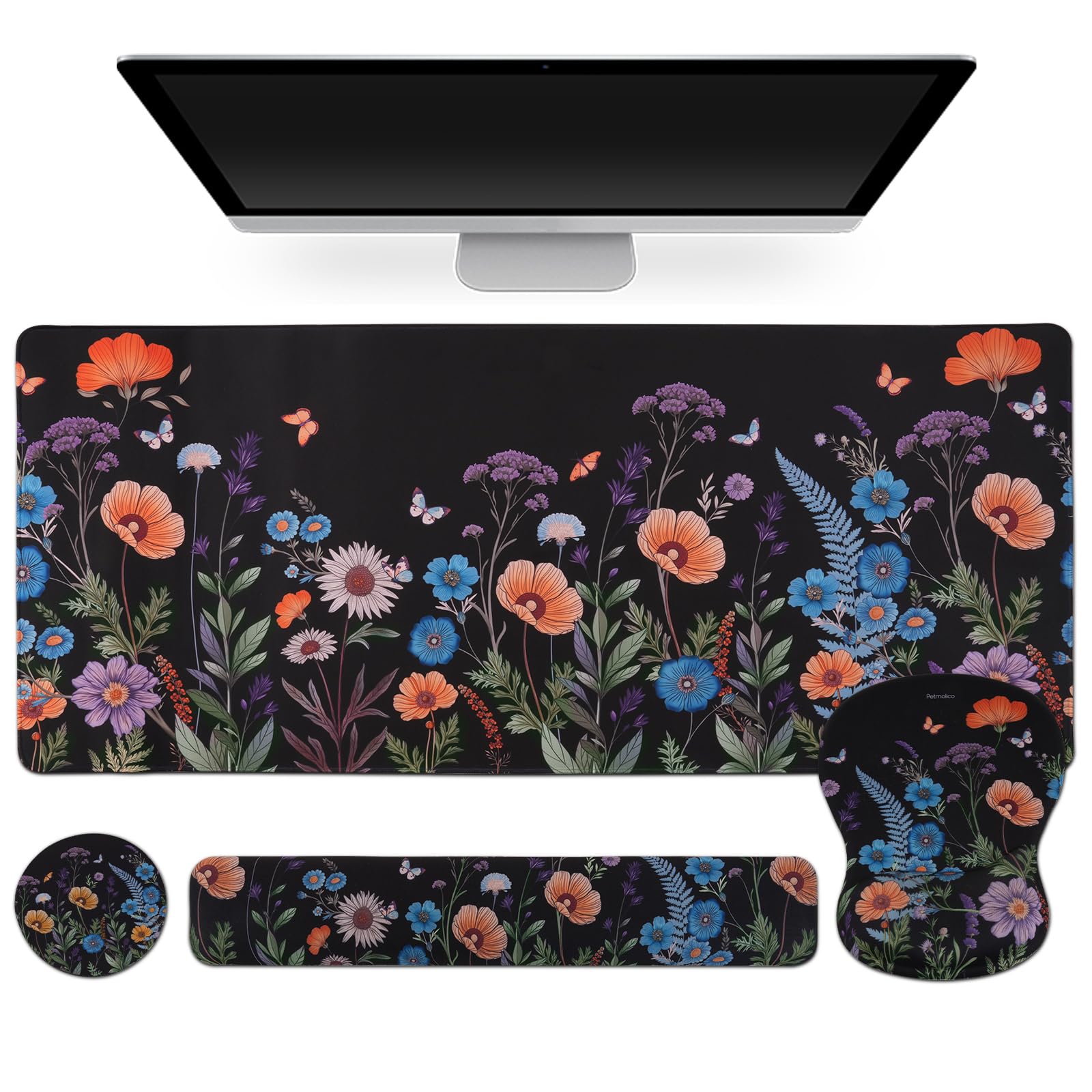 Petmolico Grand repose-poignet pour clavier 4 en 1 - Support de poignet pour ordinateur - Design ergonomique - Motif floral noir, orange et bleu