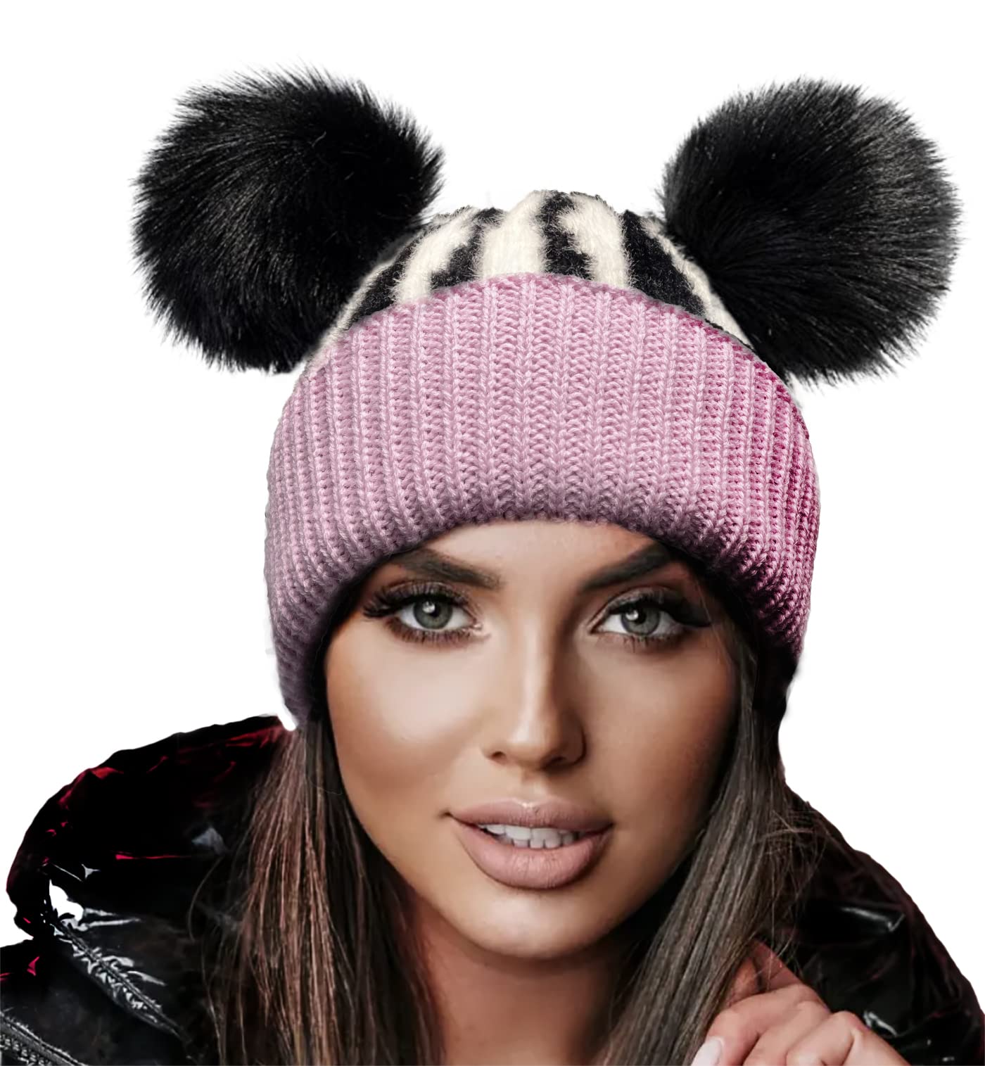 4Sold Women's Pink Black Miki Colour Girls Winter Hat Wool Knitted Beanie With Double Pom Pom Cap Ski Snowboard Bobble