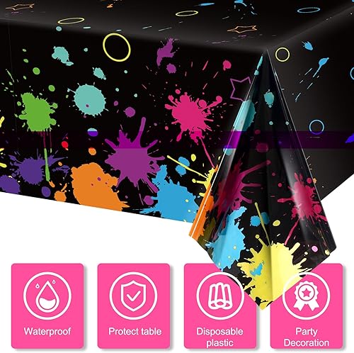Miniatura 4 de Fundas de mesa para fiestas, manteles de plástico neón desechables de 108 x 54 pulgadas, manteles de neón brillantes para decoración de fiesta de