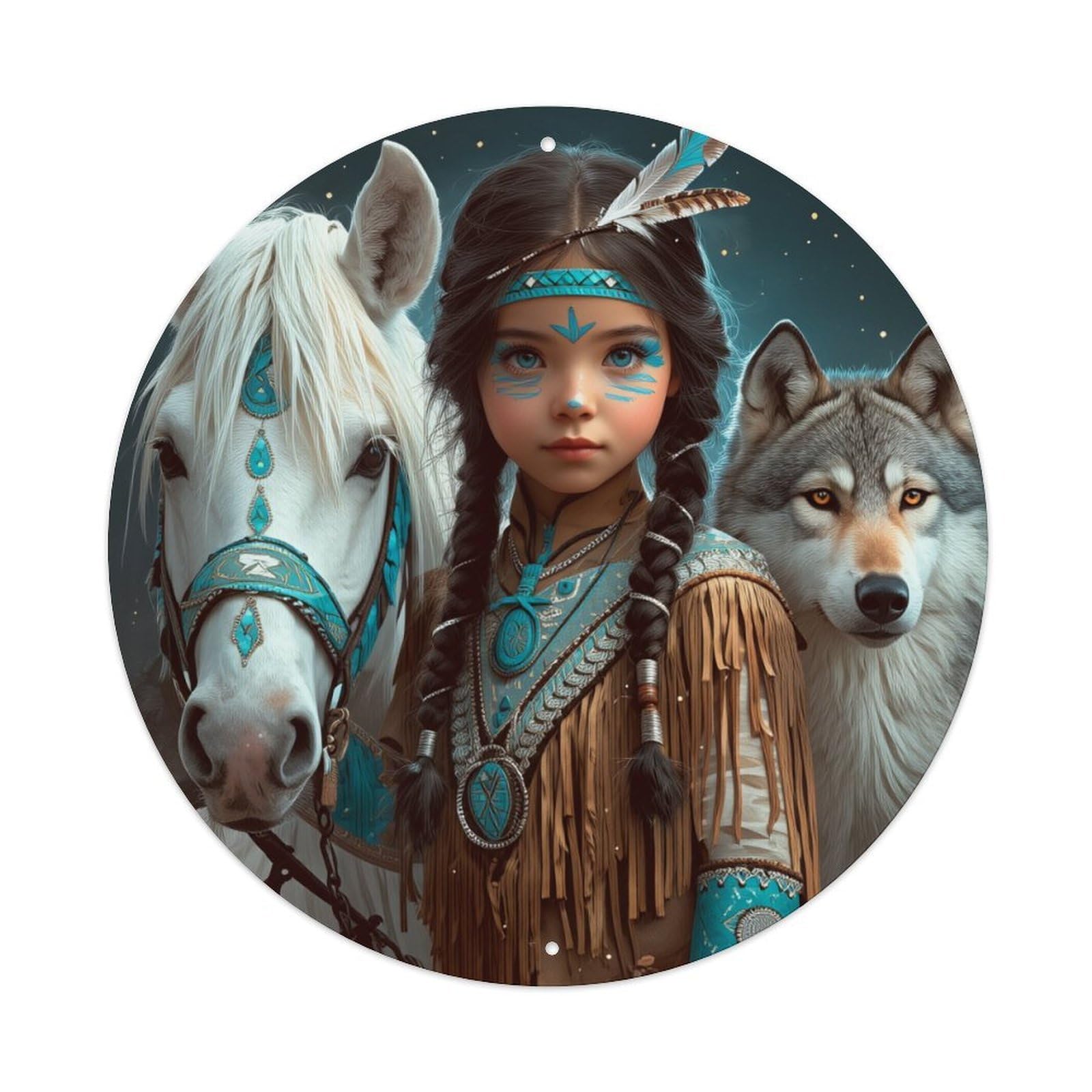 Native American Girl Horse Wolf Starry Night Round Tin Sign Vintage Metal Poster, Home Bar Garage Man Cave Cafe Indoor & Outdoor Wall Decoration 8x8Inches