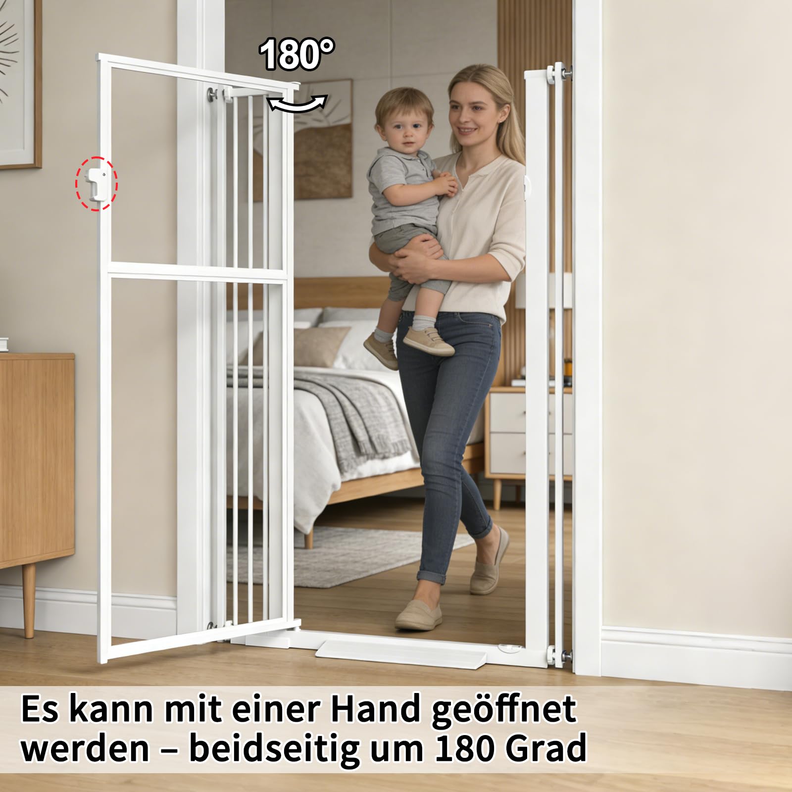 Xifamniy 142CM Türschutzgitter extra hoch，Breite 75CM-115CM Katzenschutzgitter，katzengitter tür ohne Bohren，Transparentes PC-Material, doppelter Verschlusssystem, automatische Schließung, weiß