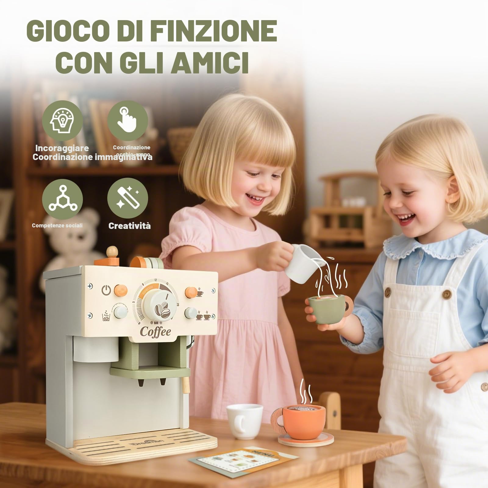 Dreamon Caffettiera in Legno per Bambini, Set Tè per Bambini Piccoli, Set Cibi Finti con Accessori Cucina, Negozio Giocattoli per il Giochi di Ruolo per Piccoli di 3-5 Anni