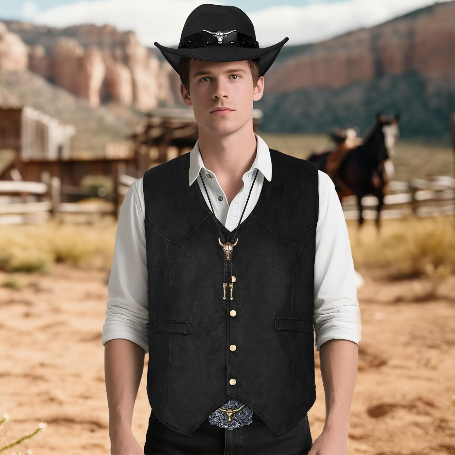 CICOCO Western Outfits Cowboy Costume For Men Adult Classial Cowboy Vest Hat BOLO Holloween Costume - Image 5