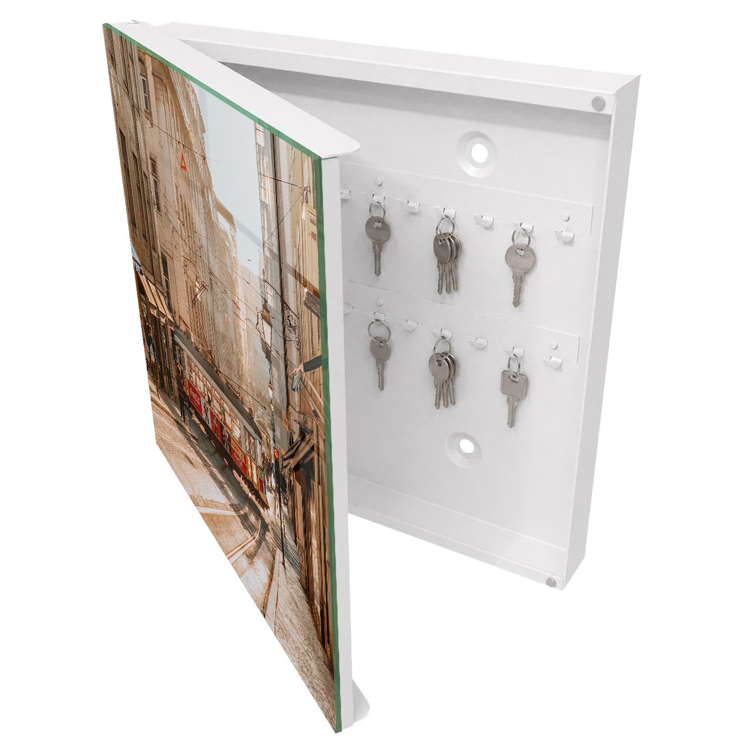 Armadietto Portachiavi 30x30 cm | Bianco | A Sinistra | Montaggio a Parete | City Morning | Frontale Decorativo in Vetro Temperato | in Metallo | per Uffici | Tasselli e Viti Inclusi