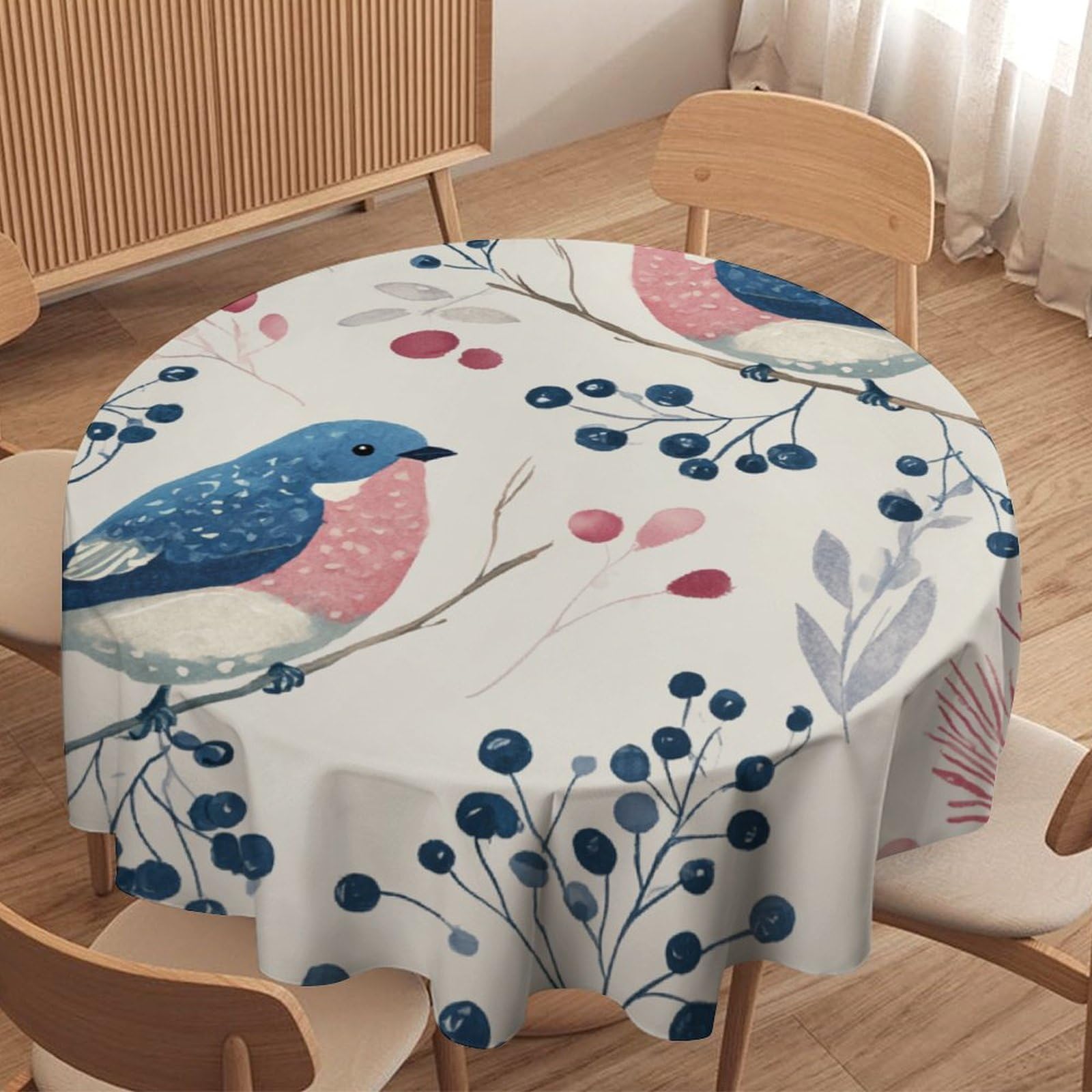 LUYYSKY Fantasy Rustic Blue Birds Waterproof Round Tablecloth Classic Cute Japanese Botanical Plant Fruit Blueberries Animals Birds Washable Table Cover for Kitchen-91.4" Wx91.4 L cm