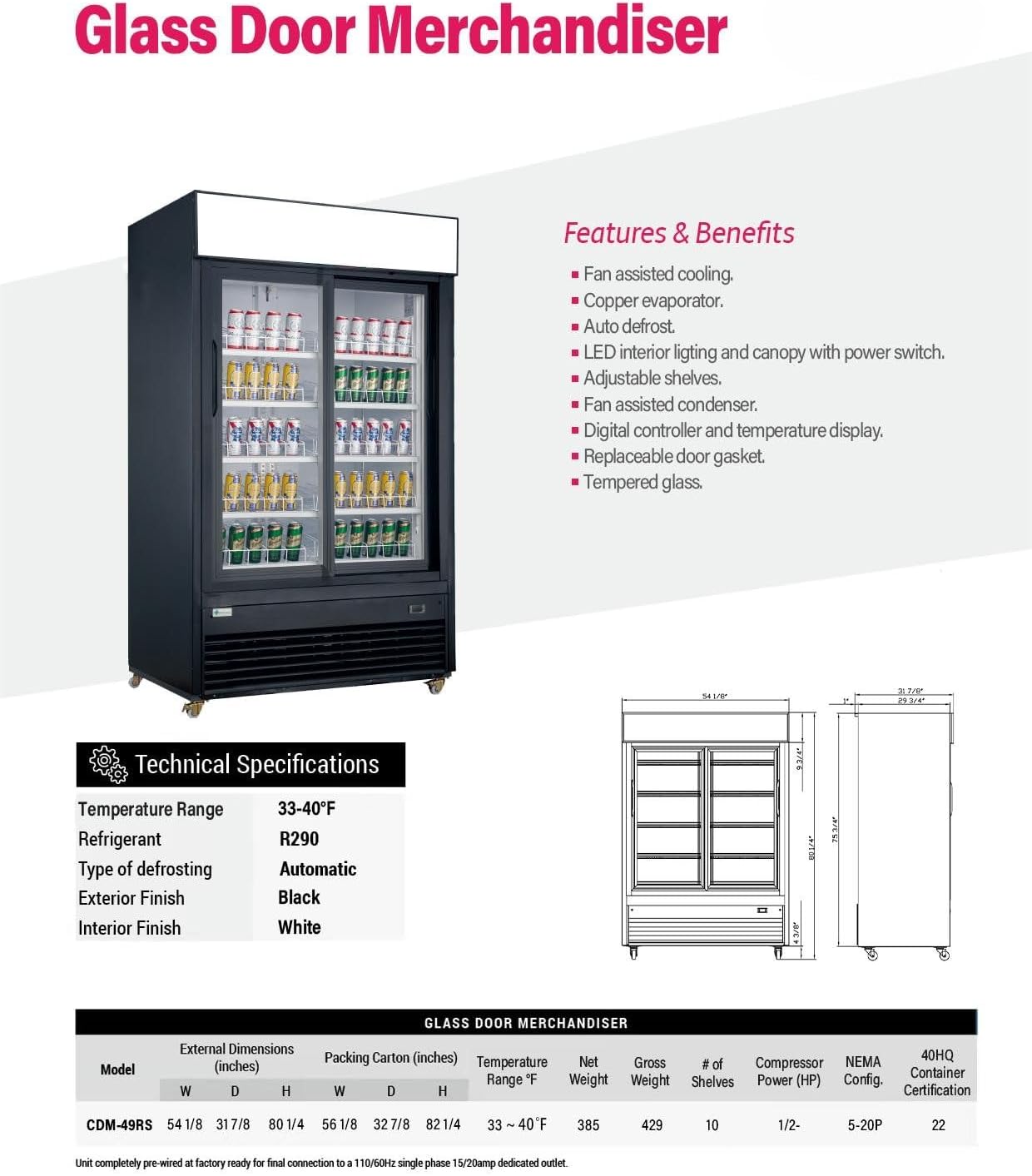 Commercial Glass Door Merchandiser, 39.9 cu ft, Double Sliding Doors, LED Lighting, Auto Defrost, Black CDM-49RS