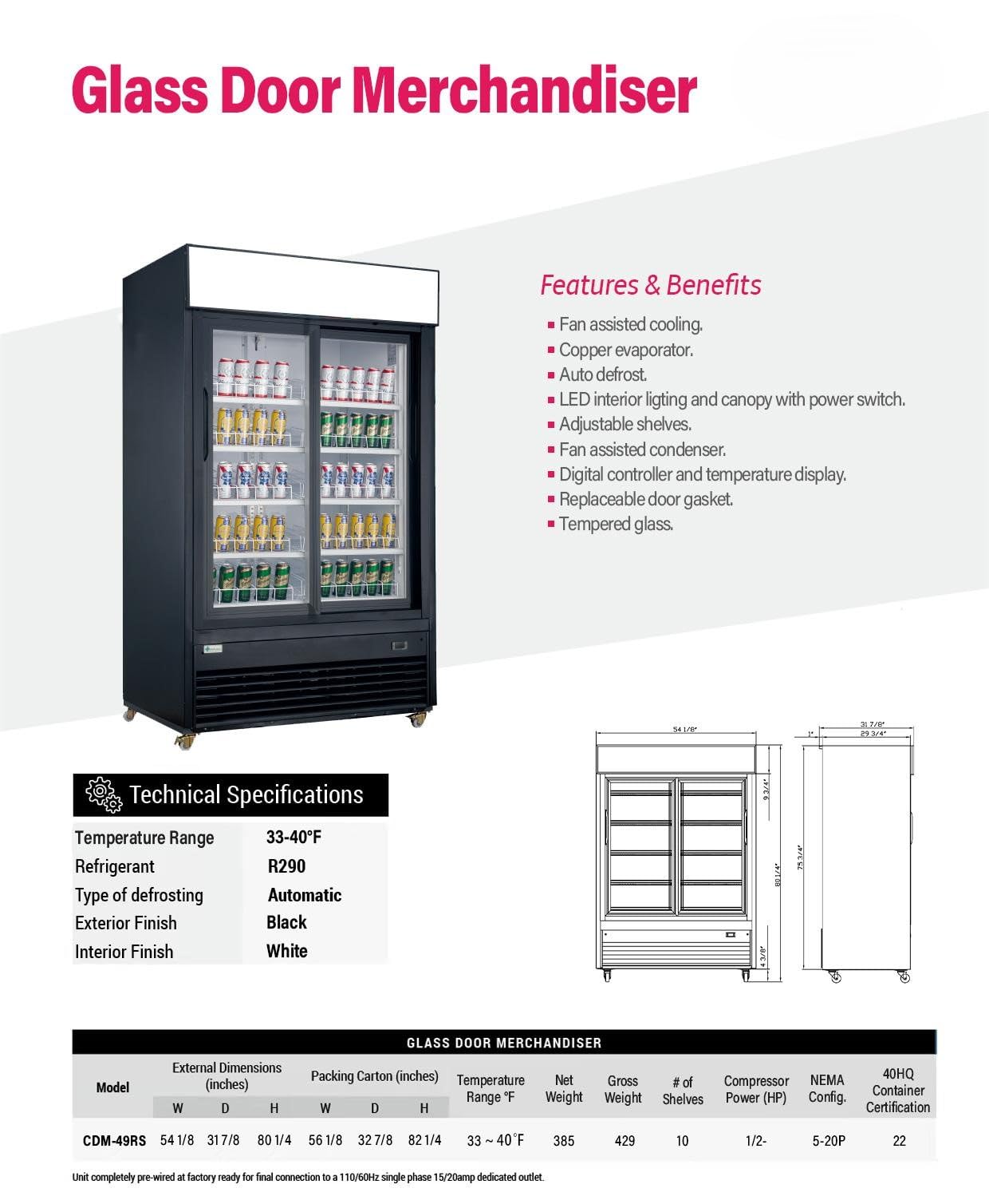 Elite Kitchen Supply Commercial Glass Door Merchandiser, 39.9 cu ft, Double Sliding Doors, LED Lighting, Auto Defrost, Black CDM-49RS