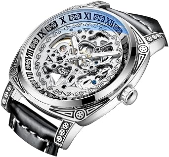 Leather Men Watch, Vintage Carving Fashion Luxury Automatic Mechanical Watch, Waterproof Leather Wrist Watch for Men, TSE003-Silver Black-US, Mechanical, TSE003-Silver Black-US, Mechanical, TSE003