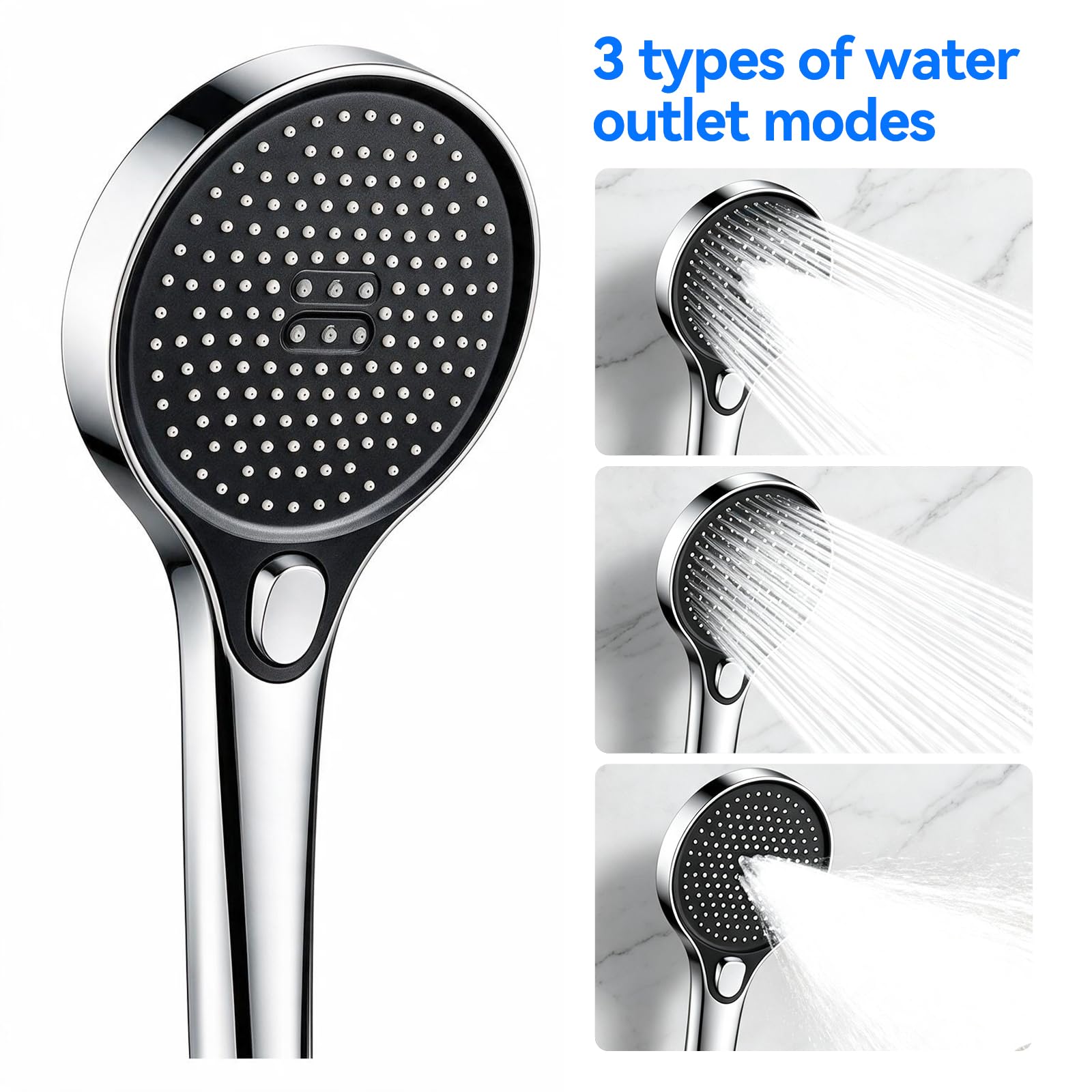 Kit saliscendi per doccia, barra scorrevole regolabile da 65 cm con soffione doccia portatile da 13 cm, 3 modalità di spruzzo, tubo da 1,5 m e staffa girevole a 360°, set di aste doccia in