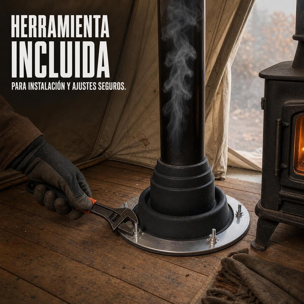 Protector para Chimenea Camping con Brida Metálica Redonda Aislante l Conducto Estufa Resistente al Ligero Acuado para Carpas Campaña y Uso Exterior, Negro, con Llave