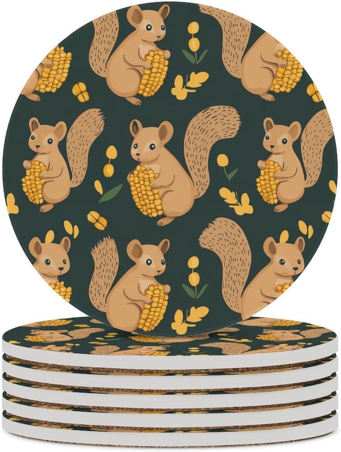 Squirrels Eat Corn Round Ceramic Coasters for Drinks Absorbent Cup Holder Tabletop Protector with Cork Base