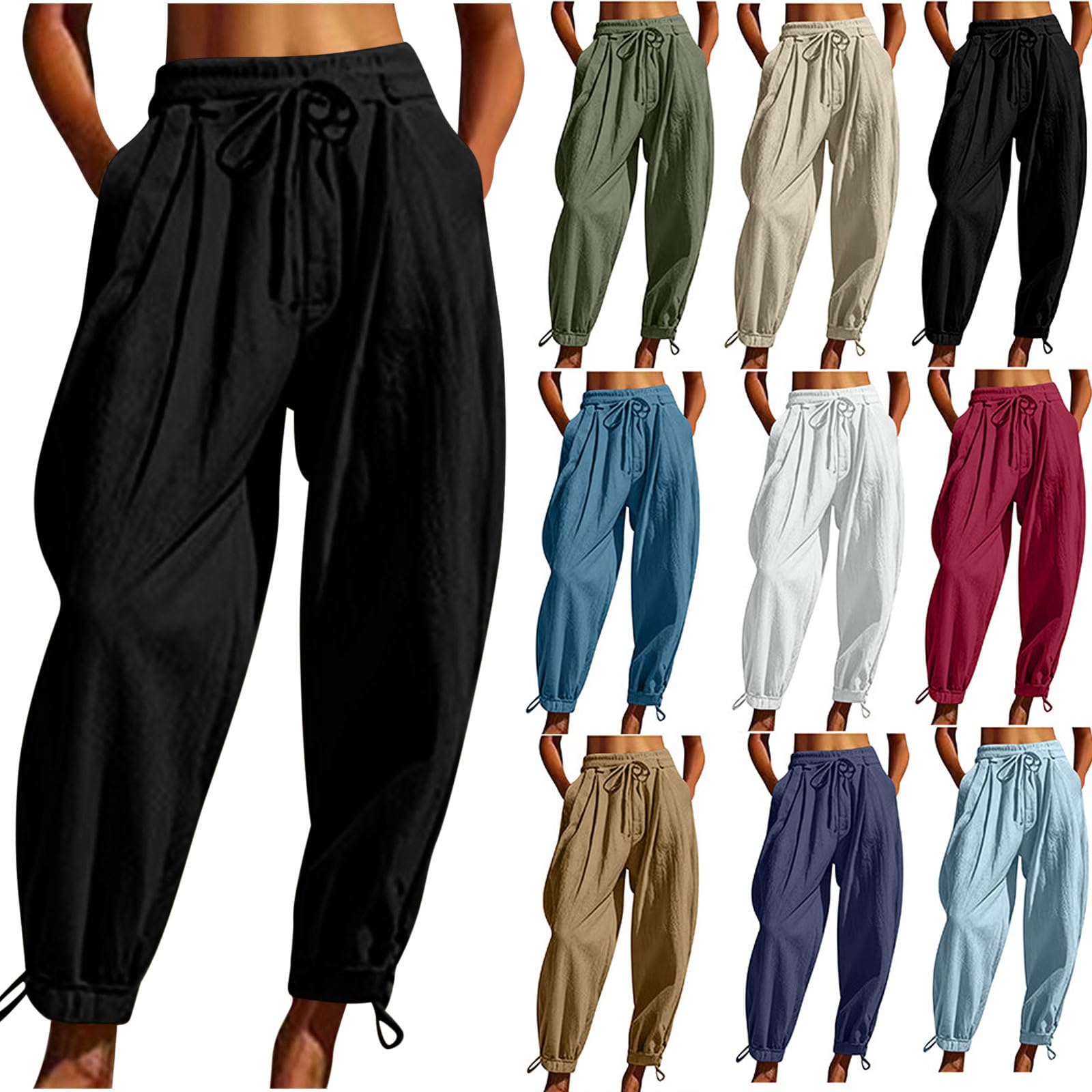 JIEMUXIU Womens Linen Pants 2025 Trendy Baggy Elastic Waisted Pant Casual Loose Palazzo Harem Pants with Pockets
