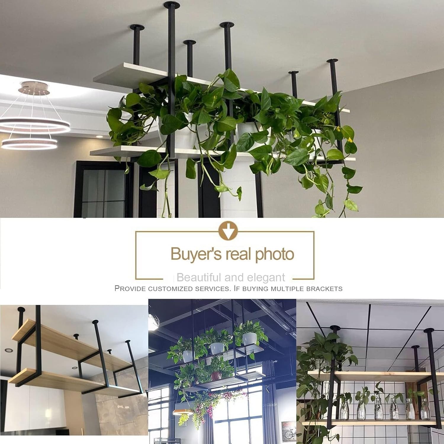 Ceiling Hanging Storage Shelf for Plants, Wine Rack, Pots & Pans – Solid Wood & Metal, 150x30x80cm