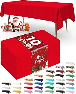 Pureegg Plastic Table Cloth Disposable 10 Pack, 54 x 108 Inch Table Cloths, Valentines Day, Thanksgiving, Christmas Decorations, Fall Tablecloths, Rectangle, Plastic Cover, Leakproof & Sturdy, Red