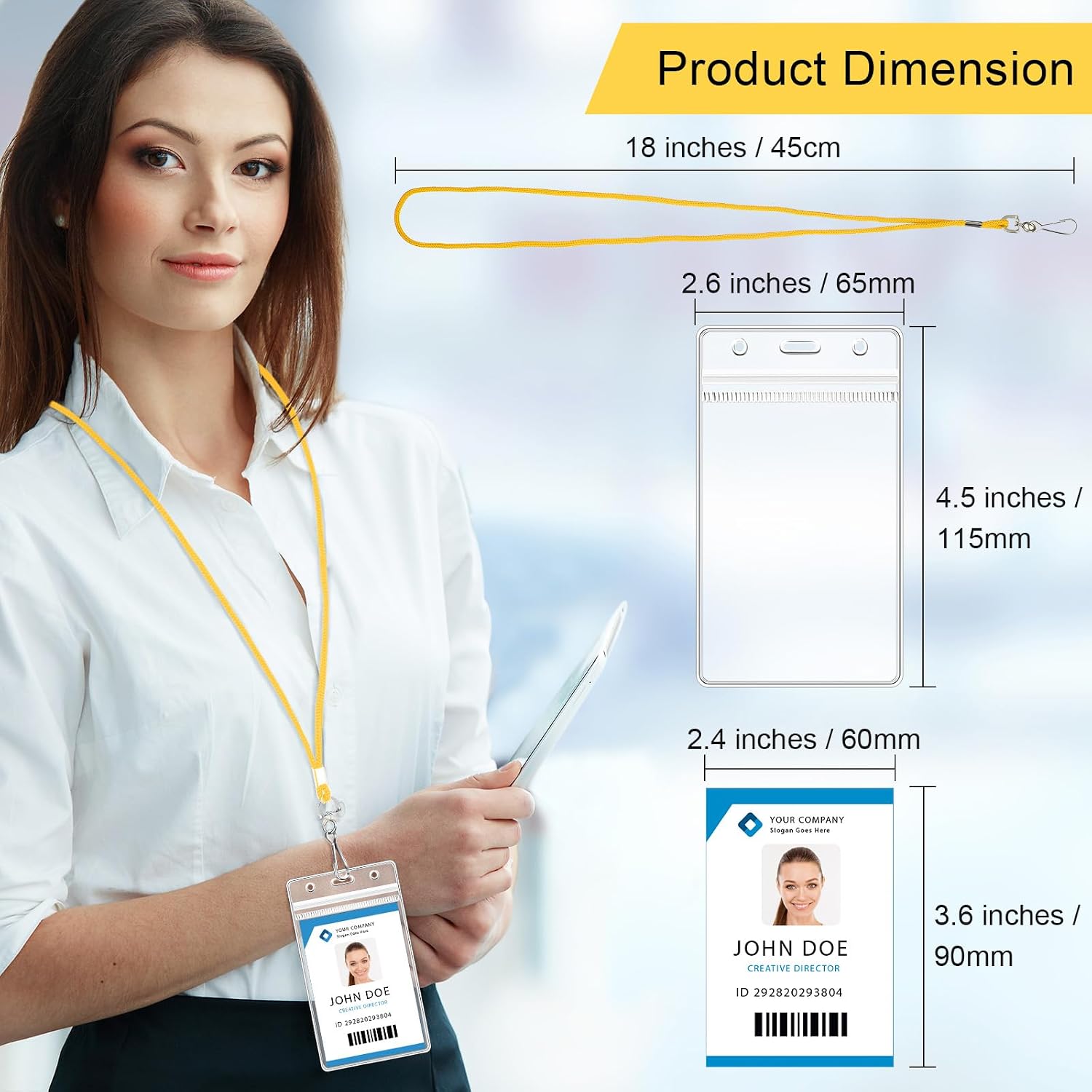 Marspark 100 Pack Lanyard with ID Holder Bulk, 100 Pcs Lanyards for ID Badges and 100 Pcs Clear Plastic Name Badge Holders, Waterproof Resealable Name Tag with Clip for Office Supplies (Yellow)