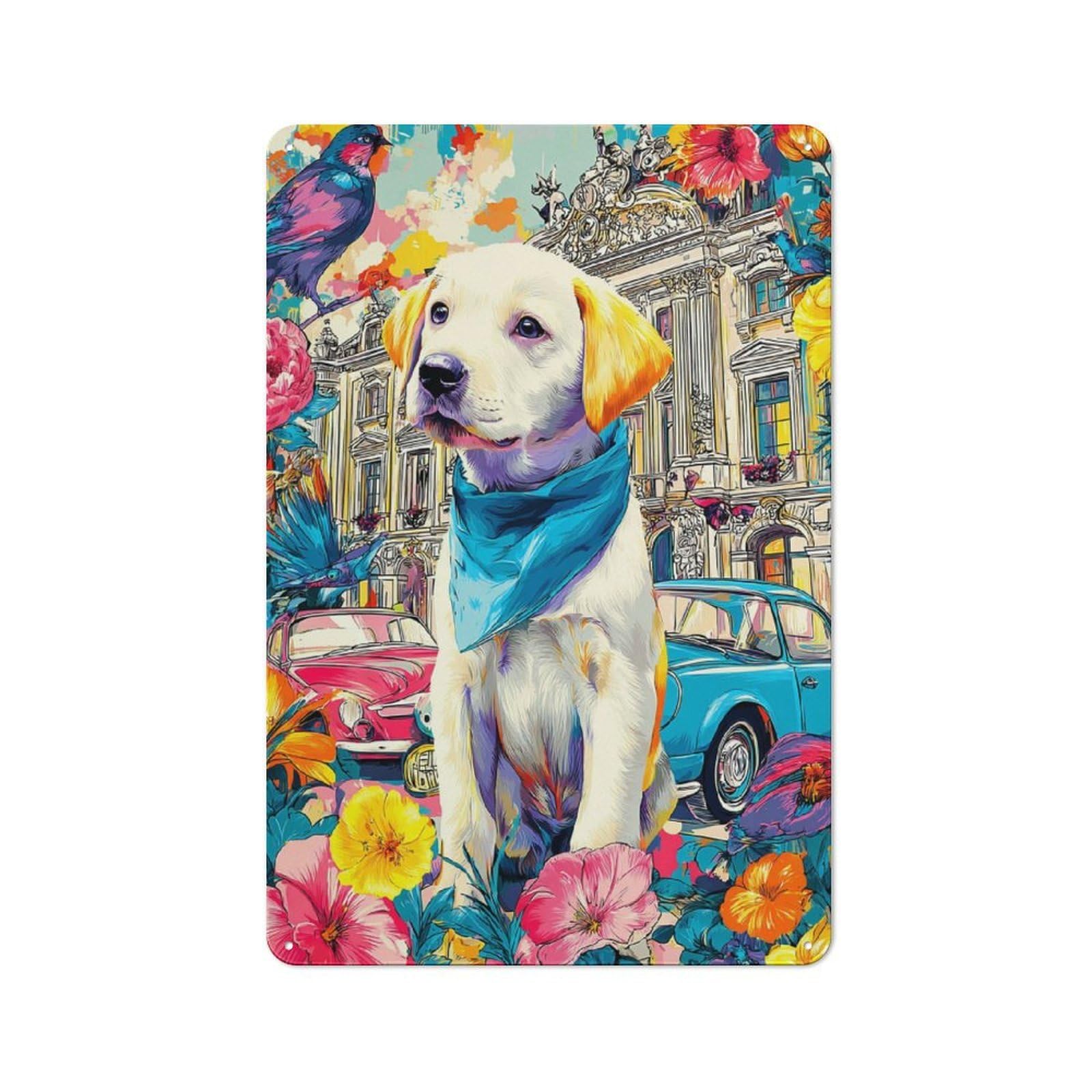 Junmoney Colorful Cityscape With Puppy Vintage Tin Wall Plaque 30X20cm For Studio Or Craft Room, For Garage, Workshop And Man Cave Decoration