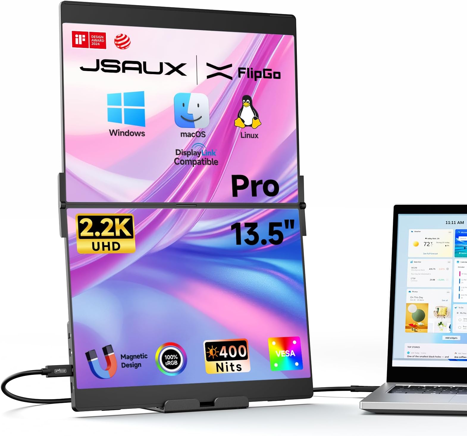 JSAUX FlipGo Pro 13.5" Dual Laptop Screen Extender, 2.2K Triple Laptop Monitor Extender, Portable IPS Dual-Screen Monitor Compatible with Windows/MacOS/Linux, Magnetic Design, DisplayLink, HiDPI