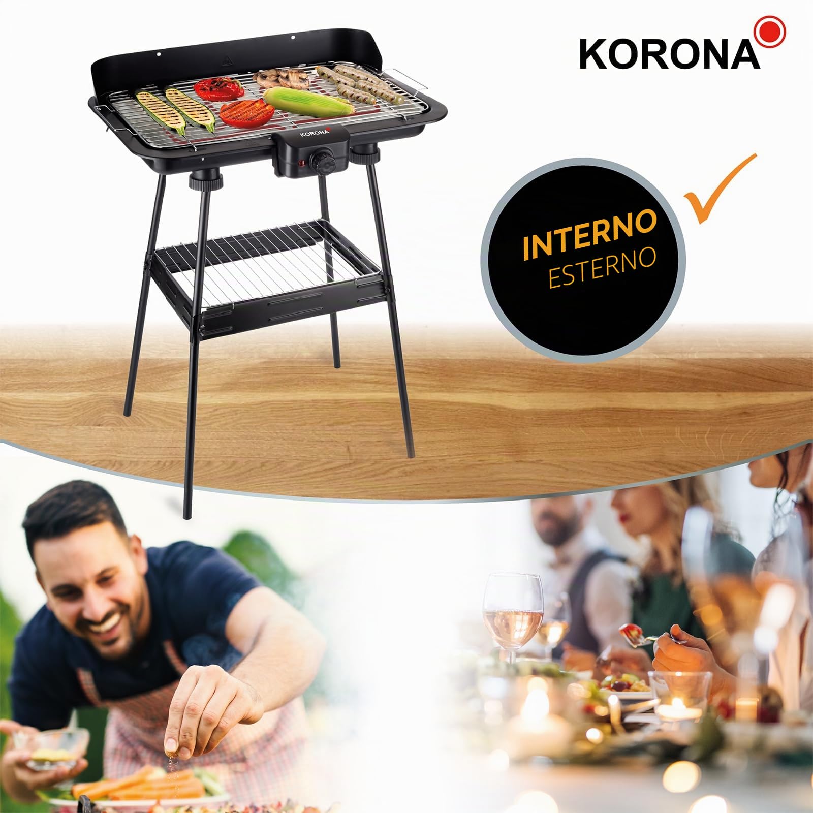 Korona 46221 - Barbecue elettrico con griglia XXL (51 x 30 cm), 2200 Watt, antivento, spia di controllo, interruttore di sicurezza, regolazione continua della temperatura