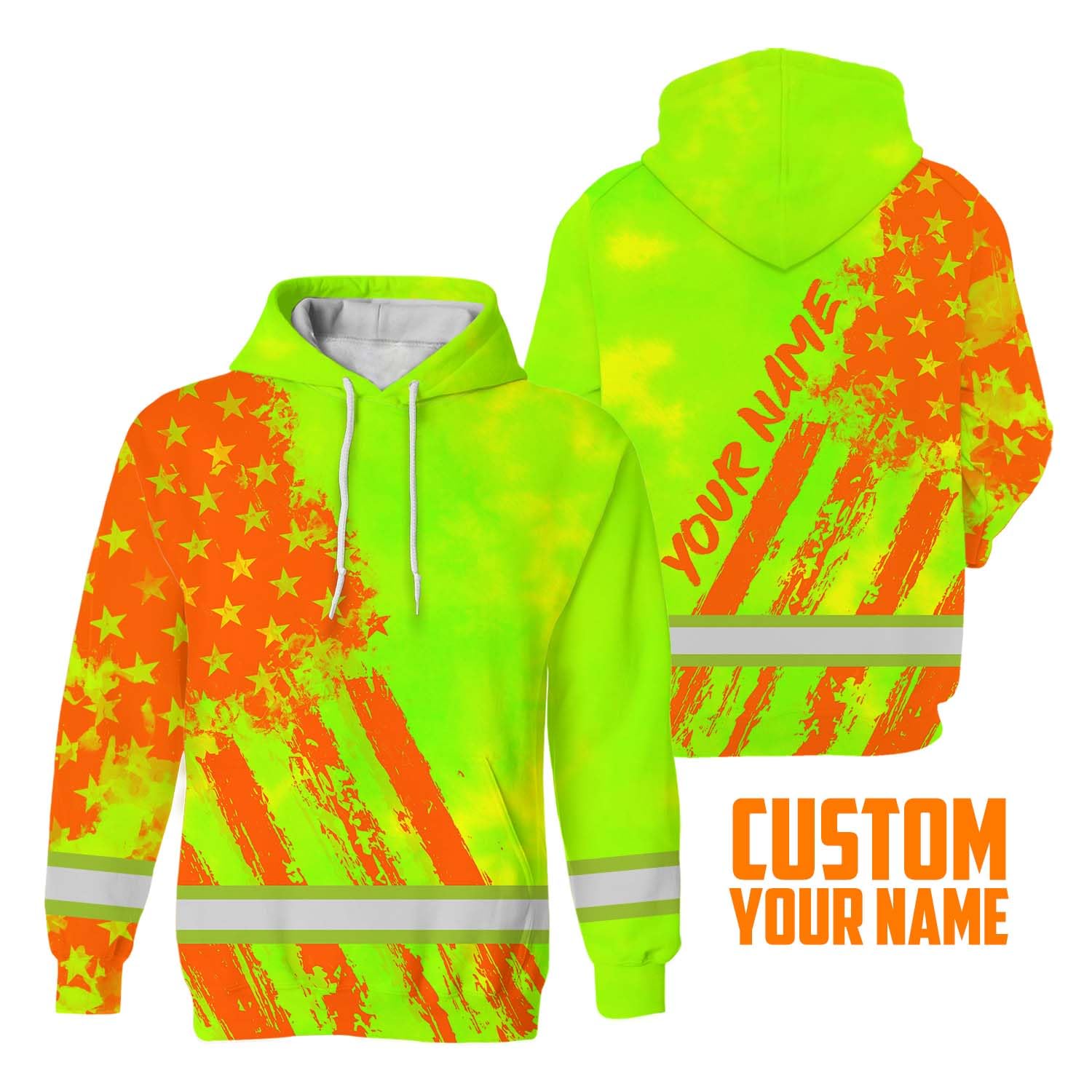 HiVis Custom Safety Hoodies Lime Neon and Orange US Flag Customize Name High Visibility Hoodie for Men Reflective Hoodie Hi Vis Hoodie for Runners, Walkers, Trucker, Operator, Patriotic-L 2