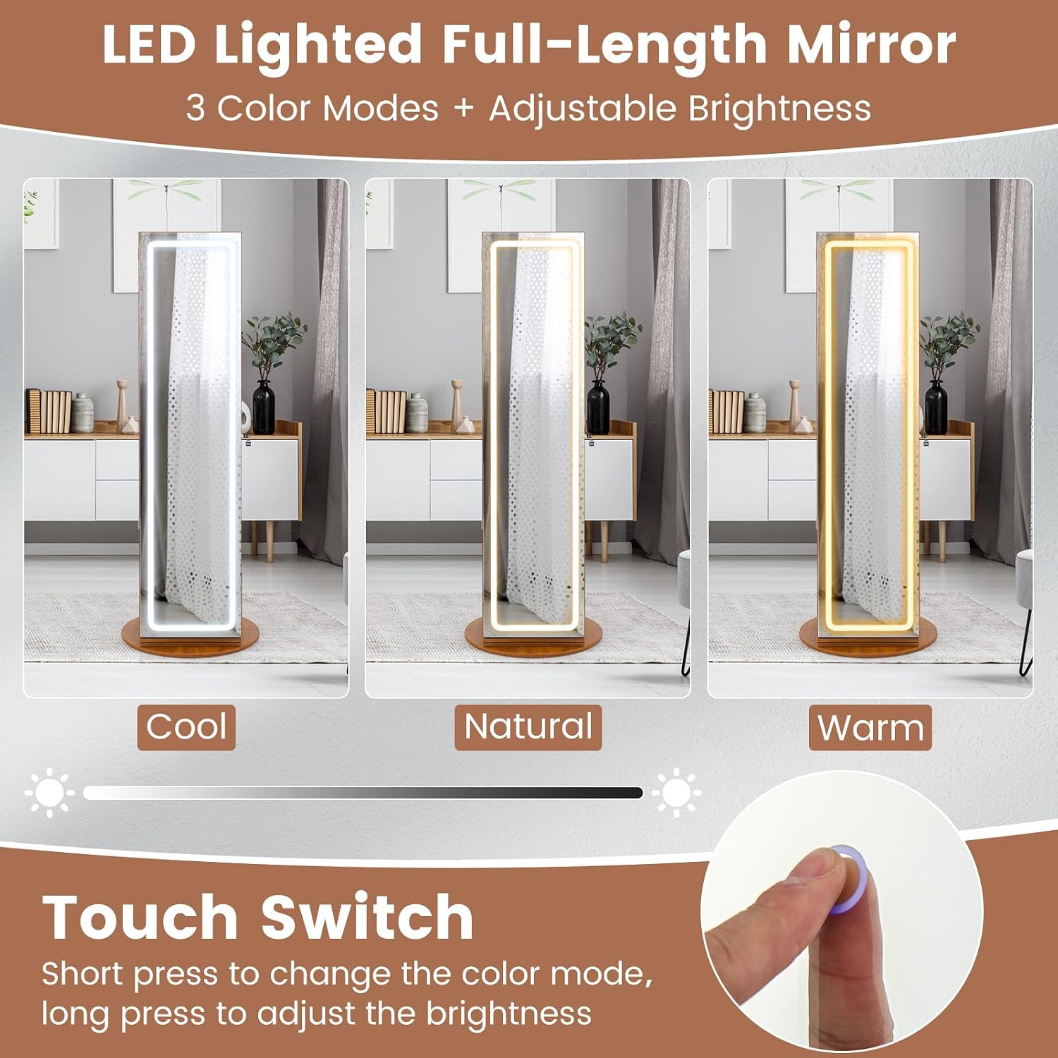 LOKO 360° Swivel Jewelry Cabinet with 3-color LED Lights, Lockable Jewelry Armoire Organizer with Full-Length Mirror, Makeup Mirror & Foldable Makeup Shelf, for Girl Women, Gift (Walnut)